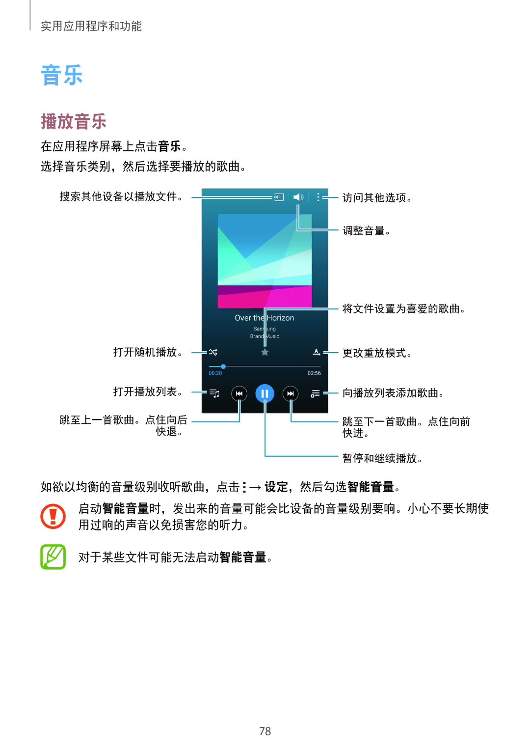 Samsung SM-E700HZWDXXV manual 播放音乐, 在应用程序屏幕上点击音乐。 选择音乐类别，然后选择要播放的歌曲。, 如欲以均衡的音量级别收听歌曲，点击 → 设定，然后勾选智能音量。, 对于某些文件可能无法启动智能音量。 