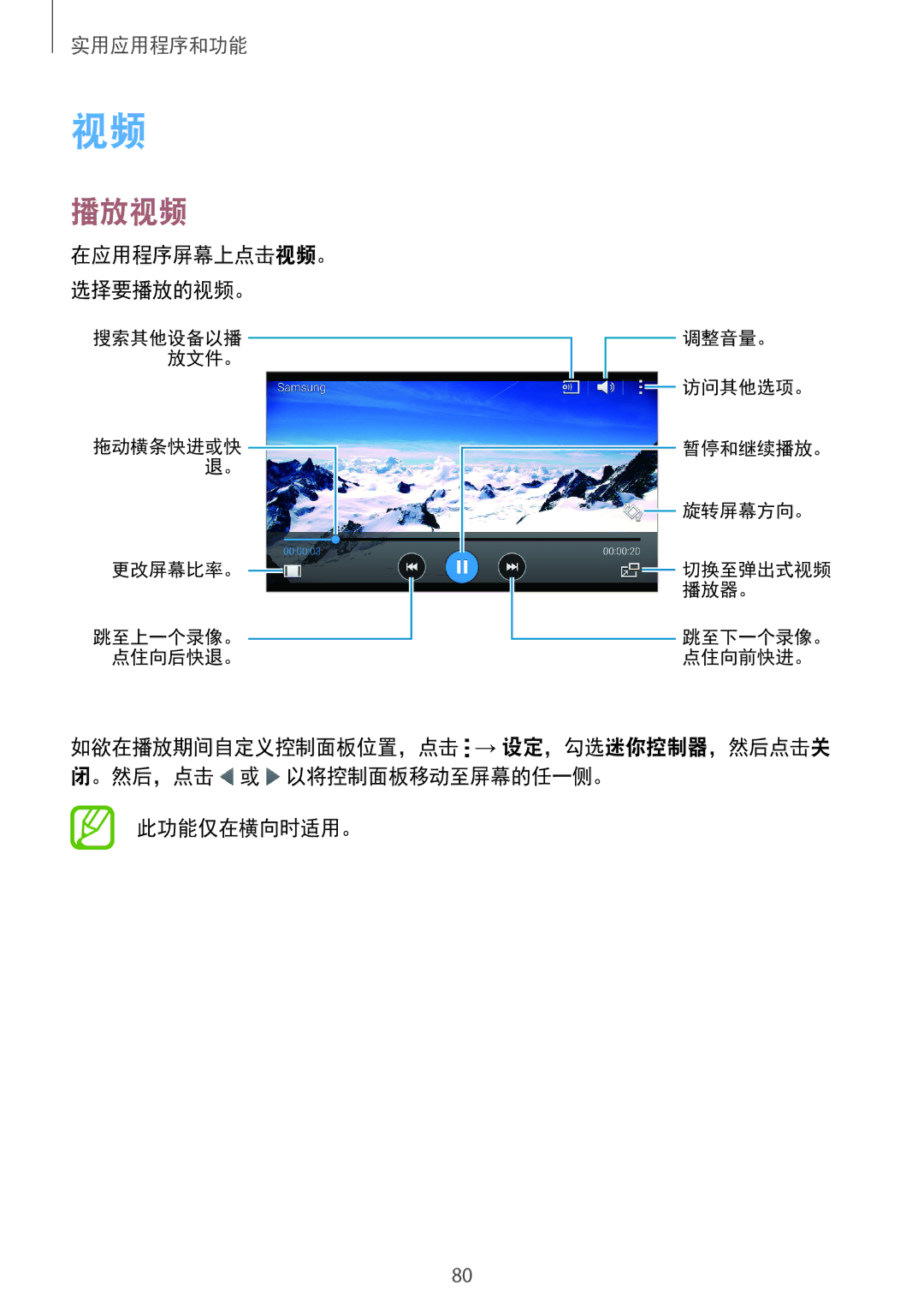 Samsung SM-E700HZWDXXV, SM-E700HZKDXXV manual 播放视频, 此功能仅在横向时适用。 