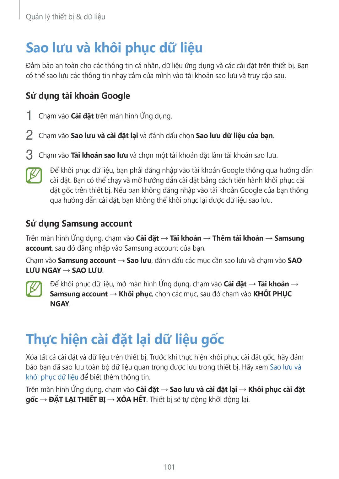 Samsung SM-E700HZKDXXV manual Sao lưu và khôi phục dữ liệu, Thực hiện cài đặt lại dữ liệu gốc, Sử dụng tài khoản Google 