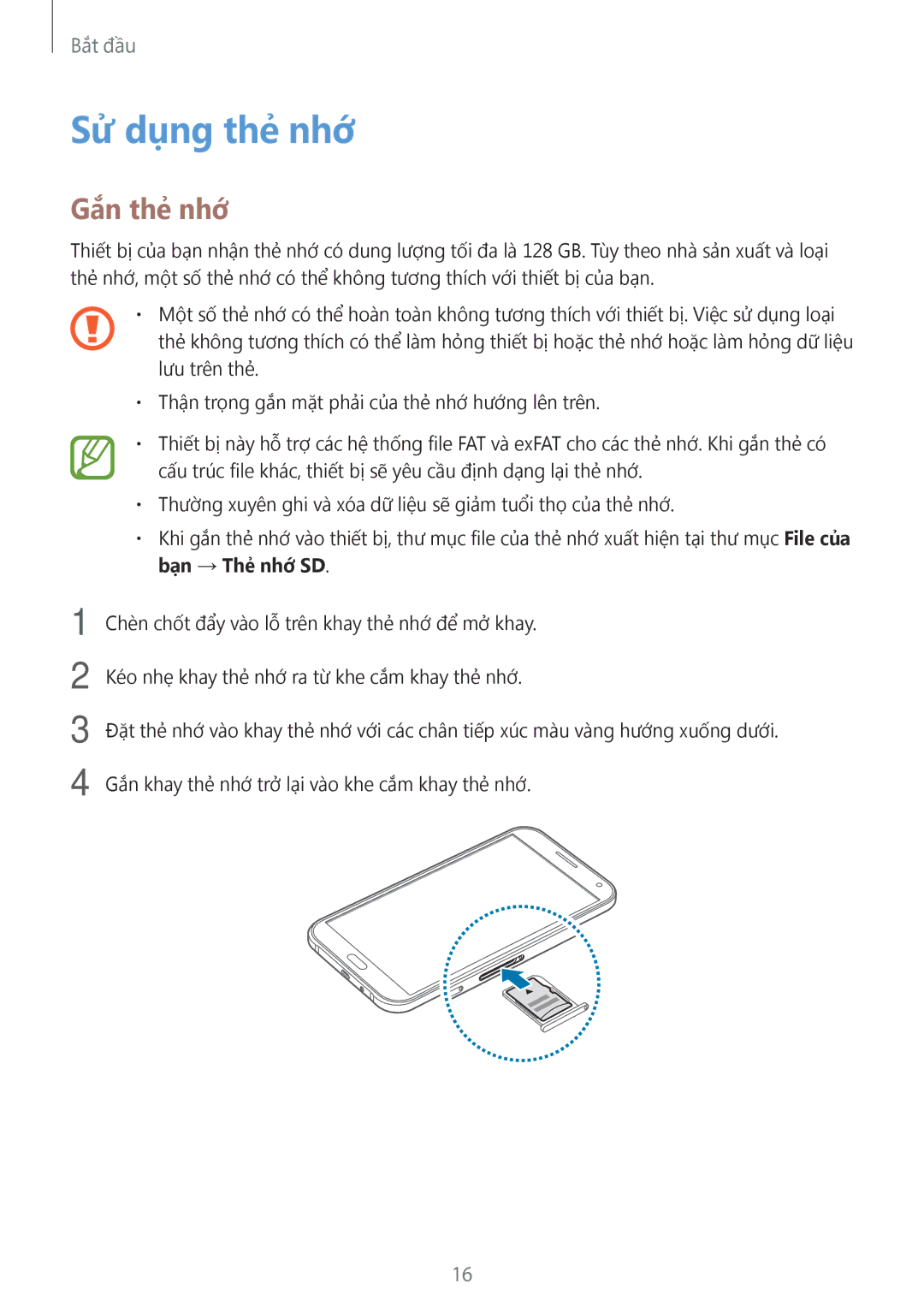 Samsung SM-E700HZWDXXV, SM-E700HZKDXXV manual Sử dụng thẻ nhớ, Gắn thẻ nhớ 