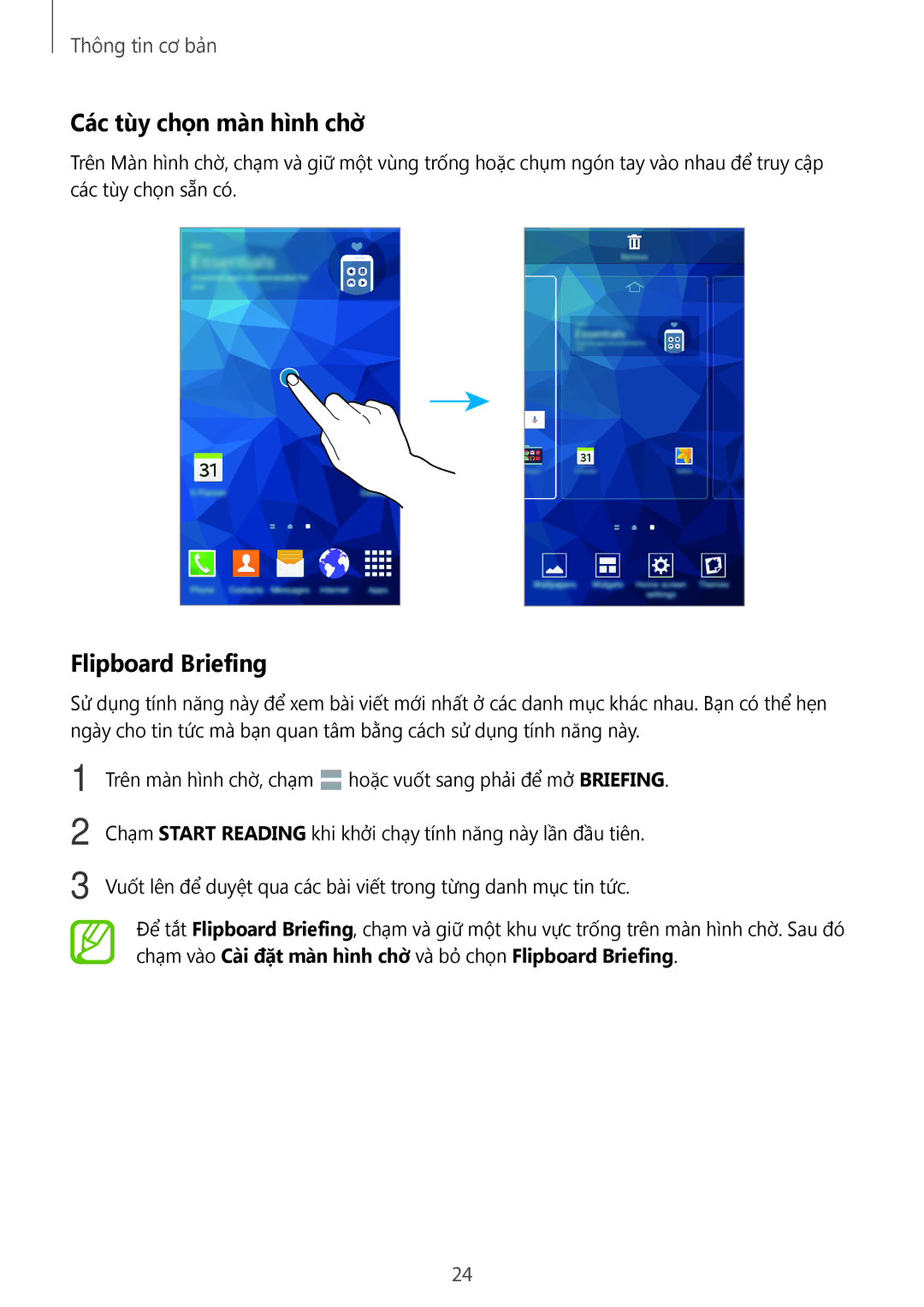 Samsung SM-E700HZWDXXV, SM-E700HZKDXXV manual Các tùy chọn màn hình chờ̀, Flipboard Briefing 
