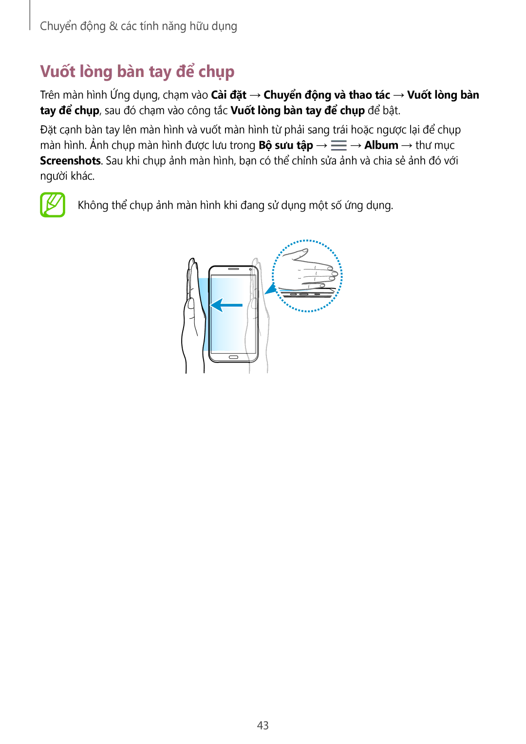 Samsung SM-E700HZKDXXV, SM-E700HZWDXXV manual Vuốt lòng bàn tay để chụp 