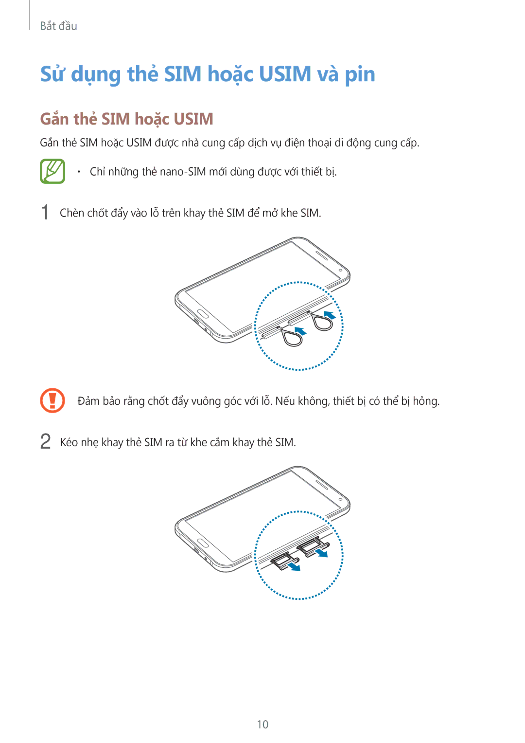 Samsung SM-E700HZWDXXV, SM-E700HZKDXXV manual Sử dụng thẻ SIM hoặc Usim và pin, Gắn thẻ SIM hoặc Usim 