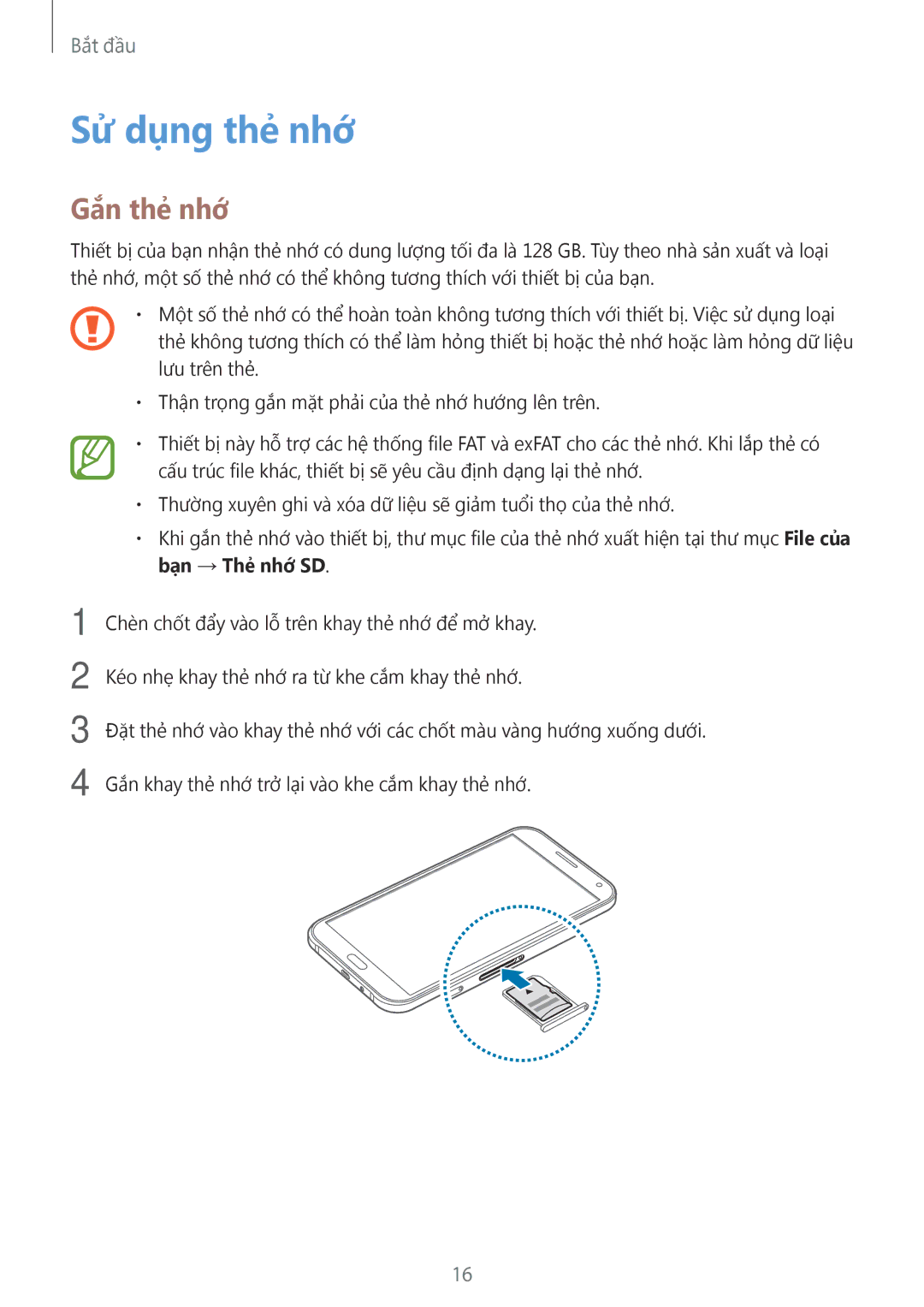 Samsung SM-E700HZWDXXV, SM-E700HZKDXXV manual Sử dụng thẻ nhớ, Gắn thẻ nhớ 