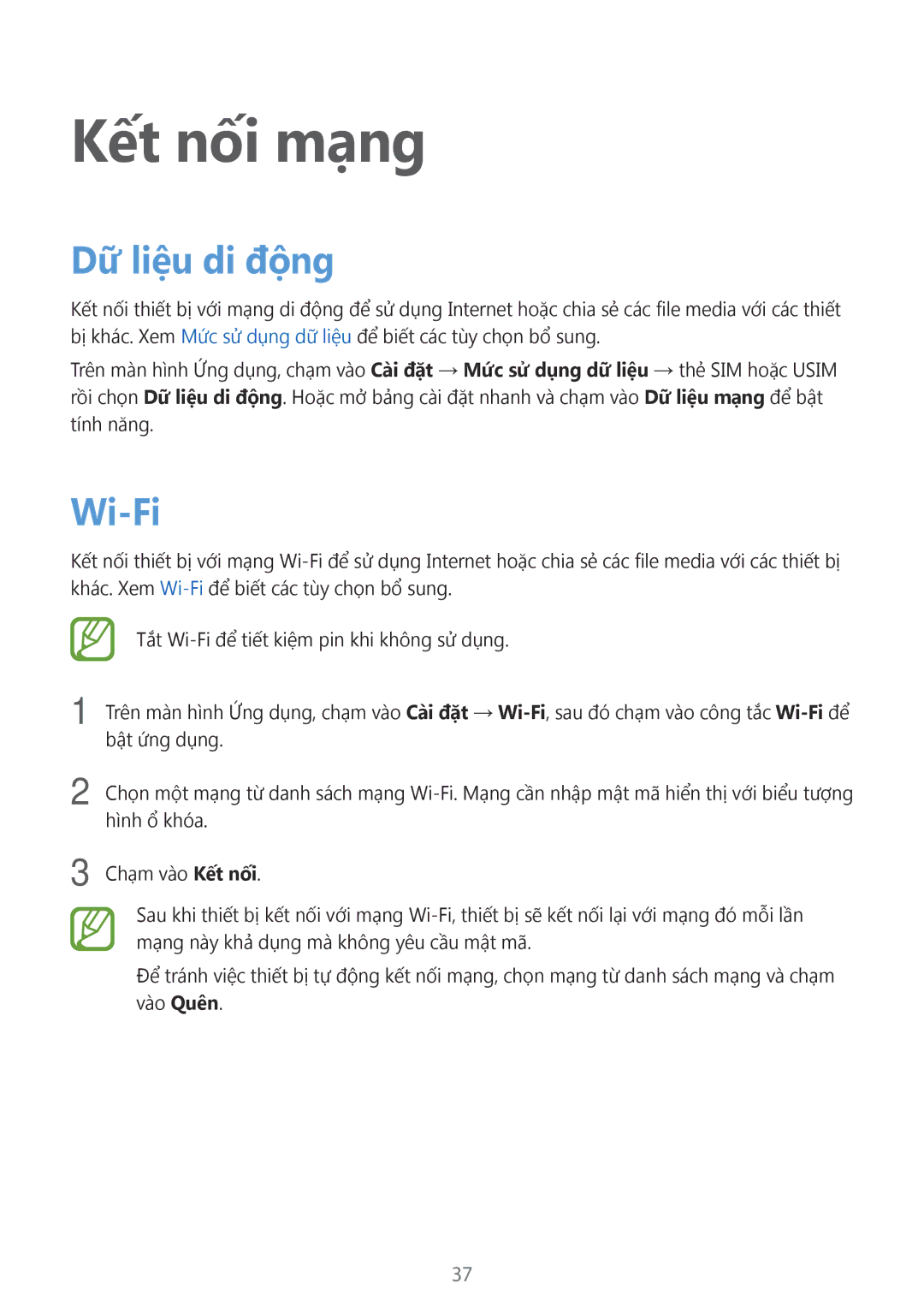 Samsung SM-E700HZKDXXV, SM-E700HZWDXXV manual Kết nối mạng, Dữ liệu di động, Wi-Fi 