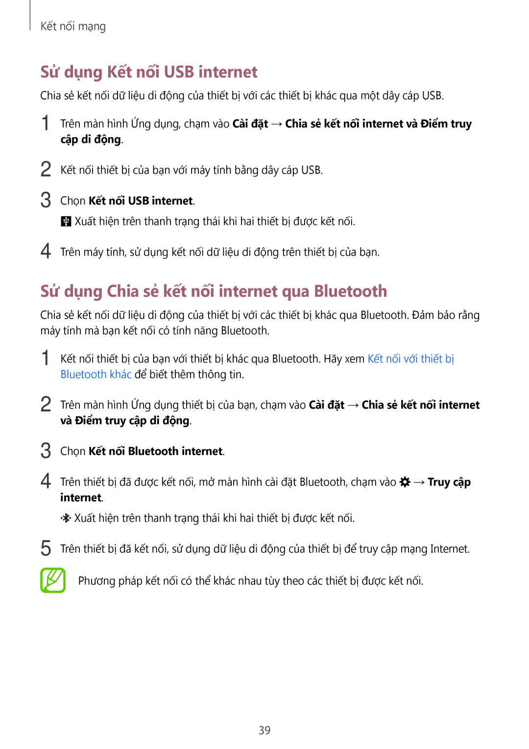 Samsung SM-E700HZKDXXV, SM-E700HZWDXXV manual Sử dụng Kết nối USB internet, Sử dụng Chia sẻ kết nối internet qua Bluetooth 