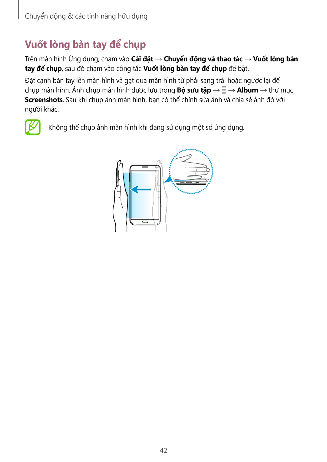 Samsung SM-E700HZWDXXV, SM-E700HZKDXXV manual Vuốt lòng bàn tay để chụp 