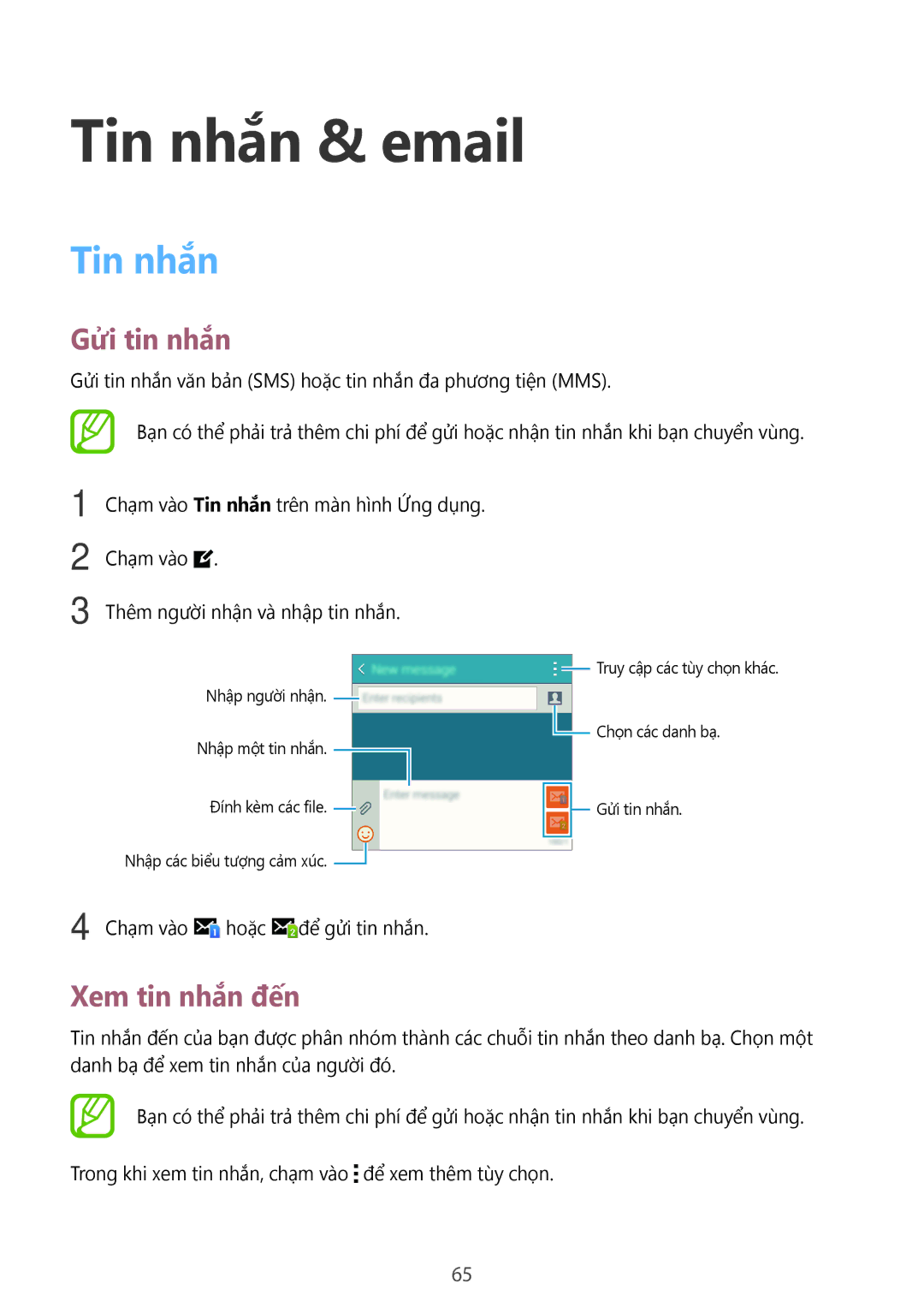 Samsung SM-E700HZKDXXV, SM-E700HZWDXXV manual Tin nhắn & email, Gửi tin nhắn, Xem tin nhắn đến 