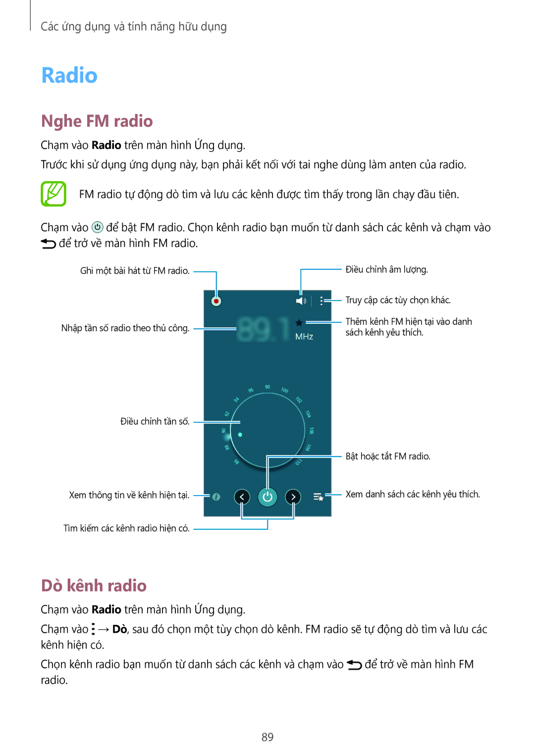 Samsung SM-E700HZKDXXV, SM-E700HZWDXXV manual Radio, Nghe FM radio, Dò kênh radio 