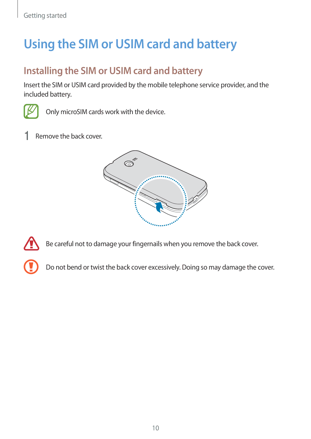 Samsung SM-G110HZKATPH, SM-G110HZKAXEO Using the SIM or Usim card and battery, Installing the SIM or Usim card and battery 