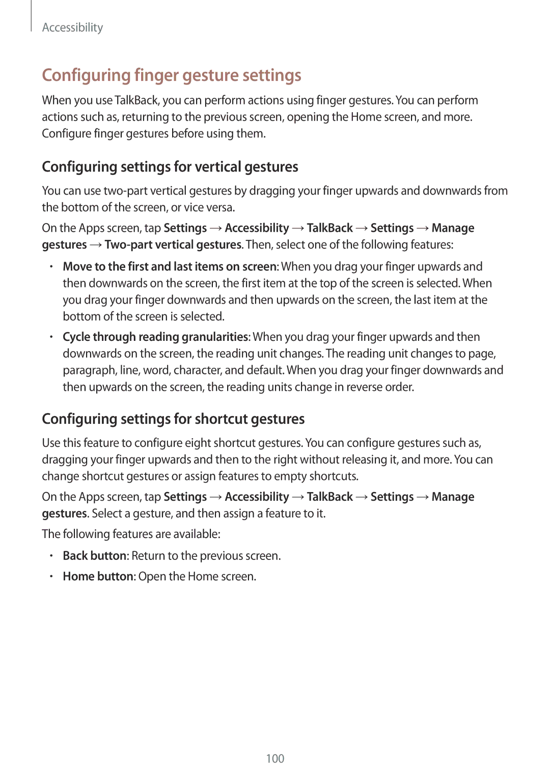 Samsung SM-G110HZWAPHE, SM-G110HZKAXEO Configuring finger gesture settings, Configuring settings for vertical gestures 