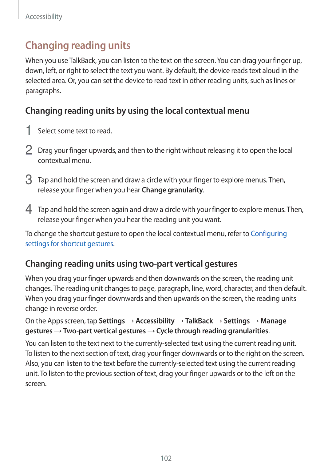 Samsung SM-G110HZWAPAN, SM-G110HZKAXEO, SM-G110HZWADBT manual Changing reading units by using the local contextual menu 