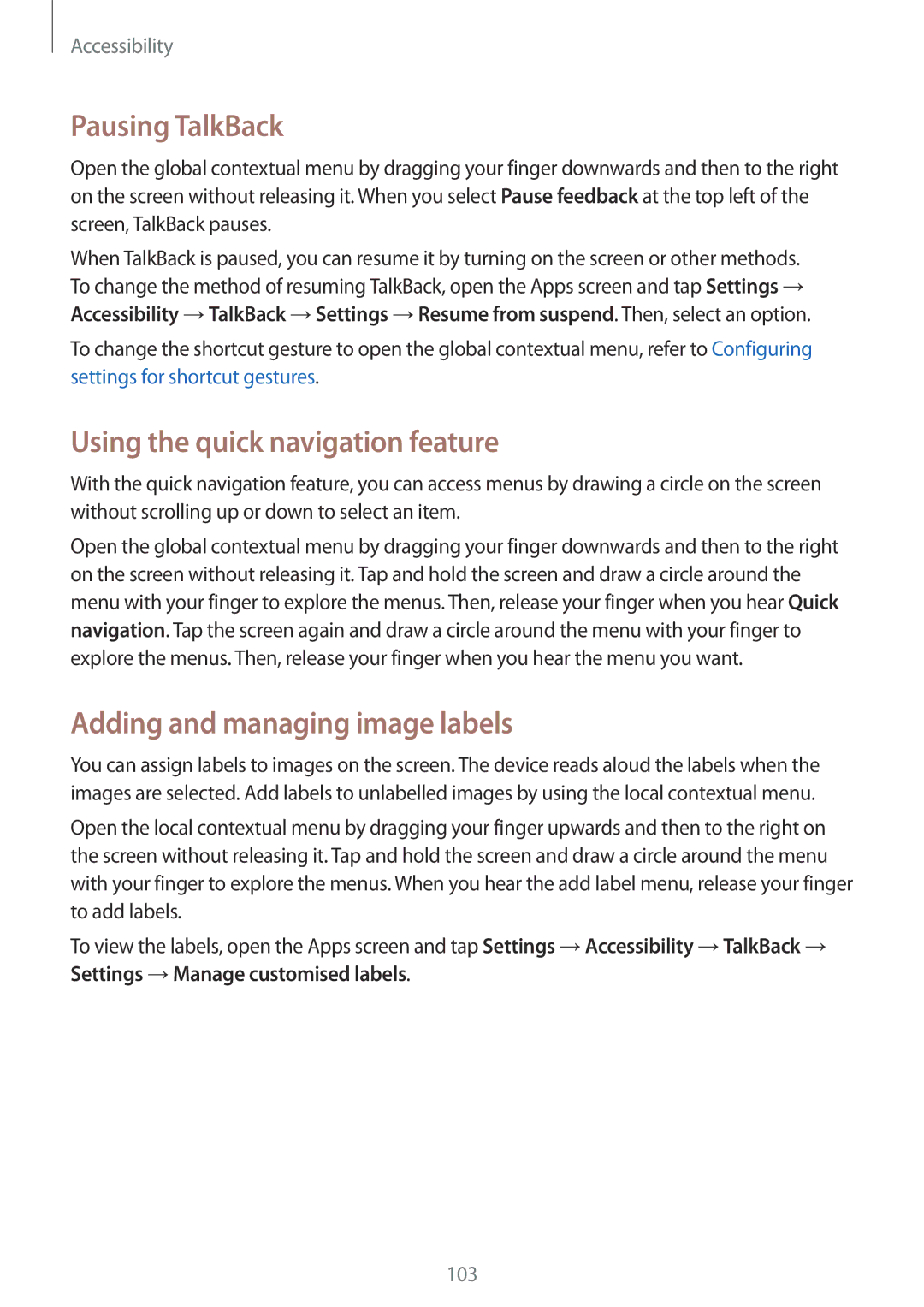 Samsung SM-G110HZKATMH manual Pausing TalkBack, Using the quick navigation feature, Adding and managing image labels 