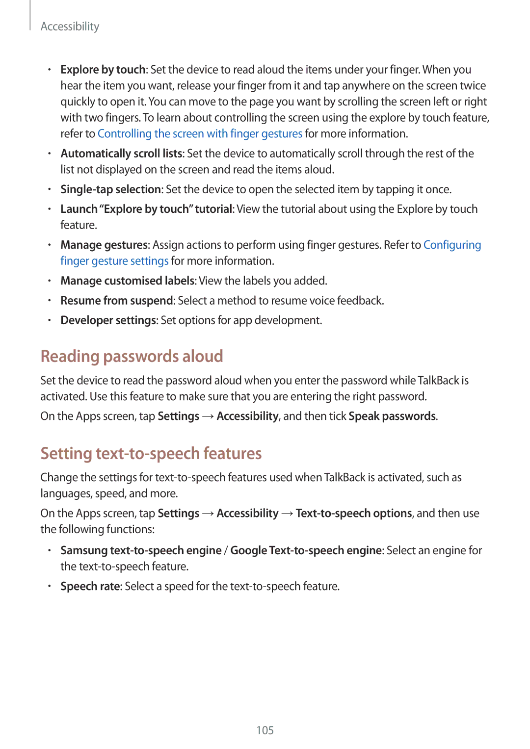 Samsung SM-G110HZKAXEH, SM-G110HZKAXEO, SM-G110HZWADBT manual Reading passwords aloud, Setting text-to-speech features 