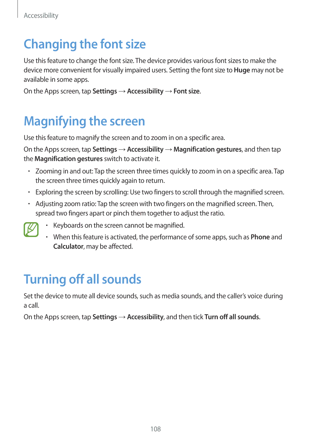 Samsung SM-G110HZKASWR, SM-G110HZKAXEO manual Changing the font size, Magnifying the screen, Turning off all sounds 