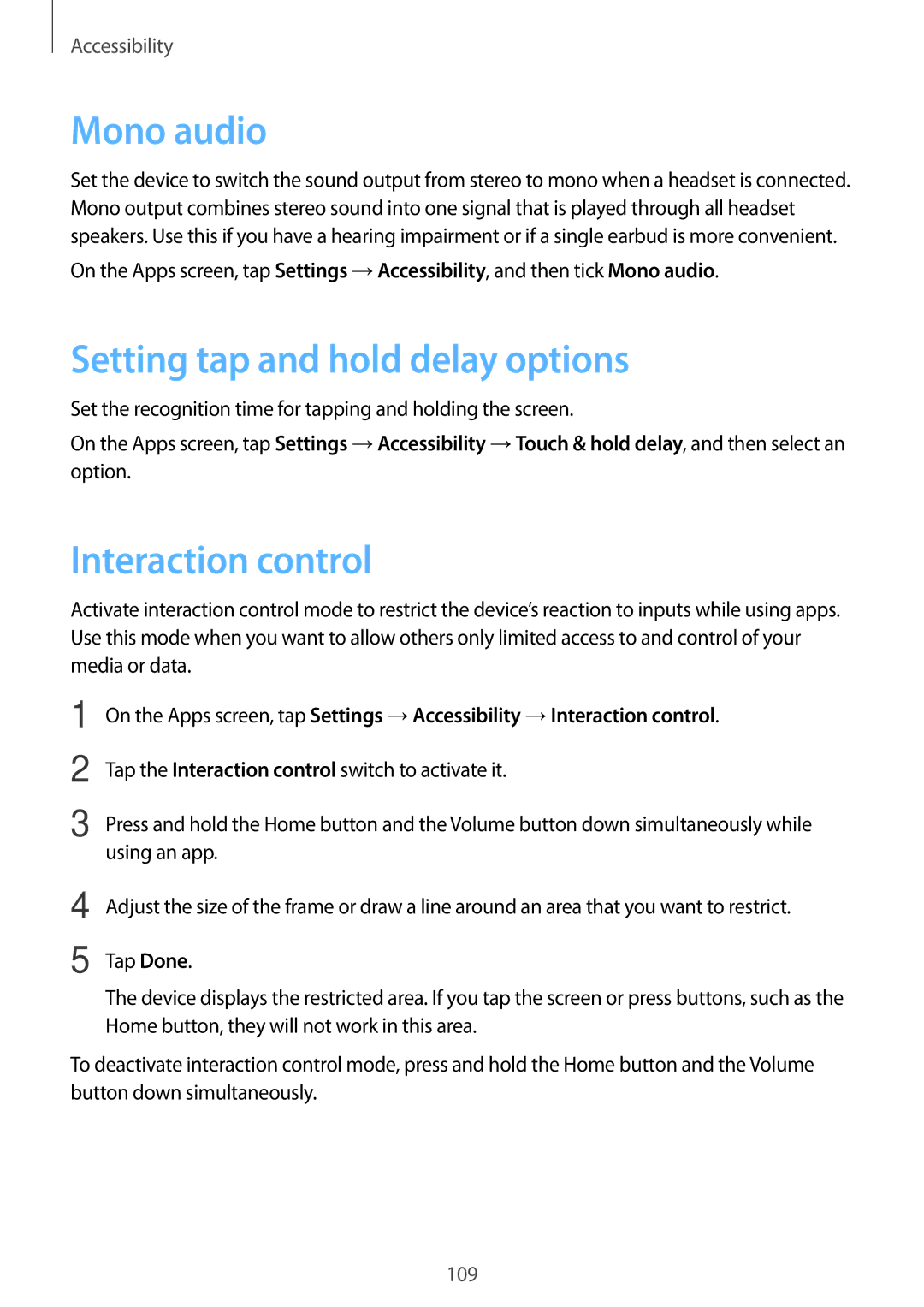 Samsung SM-G110HZKAVDH, SM-G110HZKAXEO, SM-G110HZWADBT Mono audio, Setting tap and hold delay options, Interaction control 