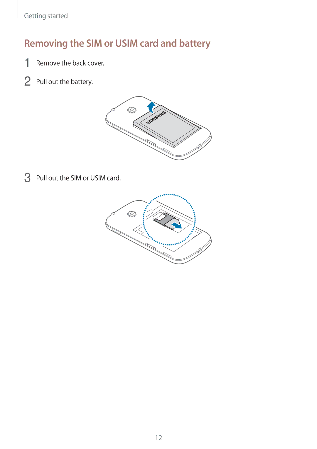 Samsung SM-G110HZWAXEF, SM-G110HZKAXEO, SM-G110HZWADBT, SM-G110HZKADBT manual Removing the SIM or Usim card and battery 