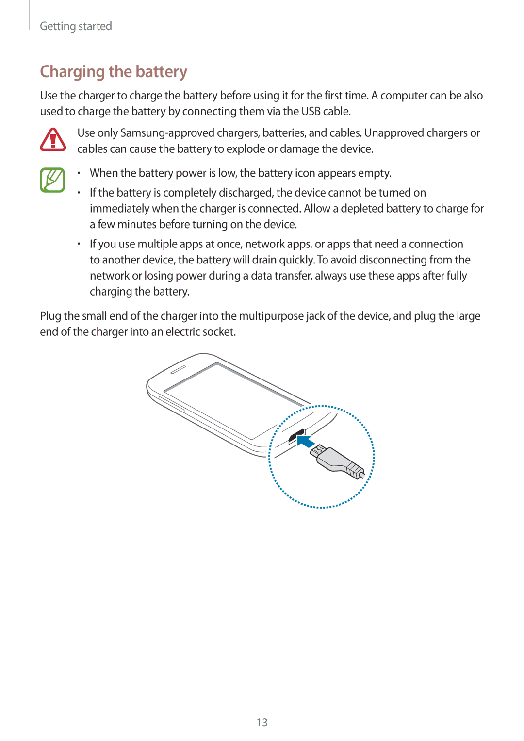 Samsung SM-G110HZKAXEF, SM-G110HZKAXEO, SM-G110HZWADBT, SM-G110HZKADBT, SM-G110HZWAXEO, SM-G110HZWATPH Charging the battery 