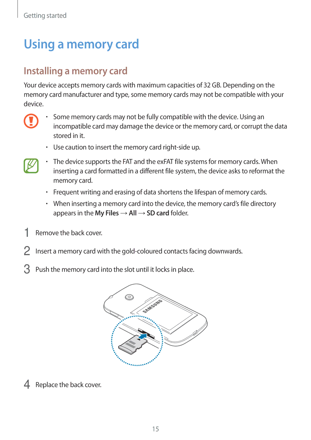 Samsung SM-G110HZWAITV, SM-G110HZKAXEO, SM-G110HZWADBT, SM-G110HZKADBT manual Using a memory card, Installing a memory card 