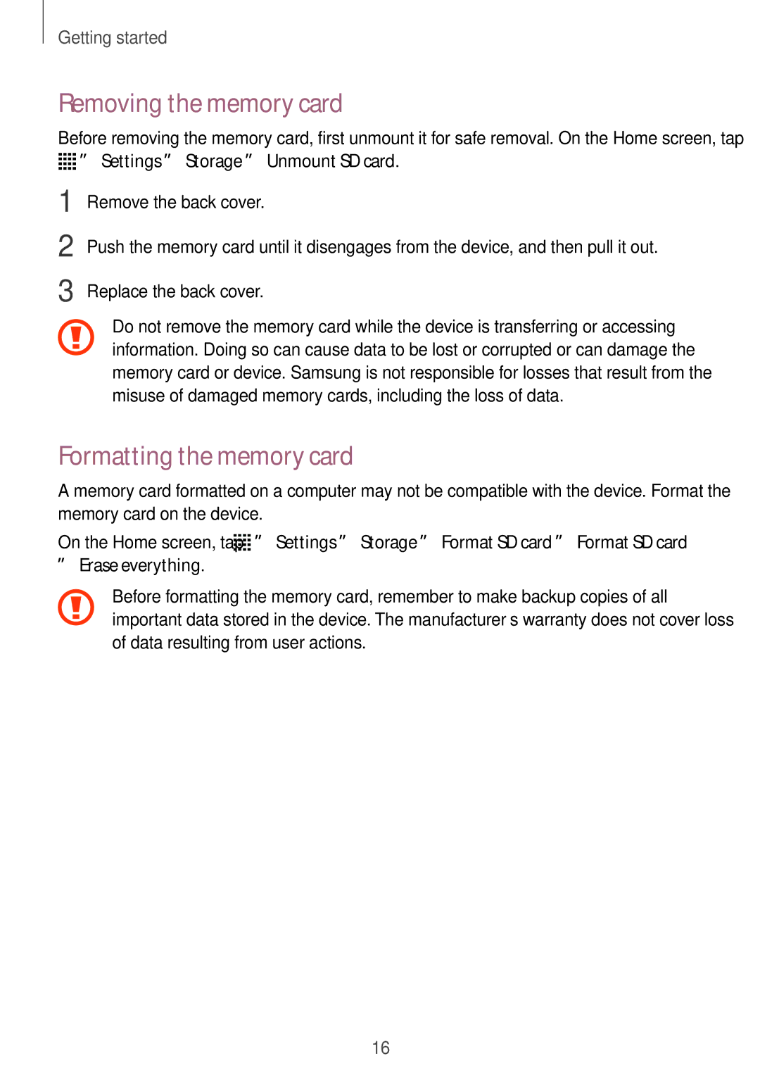 Samsung SM-G110HZWAPHE manual Removing the memory card, Formatting the memory card, →Settings →Storage →Unmount SD card 