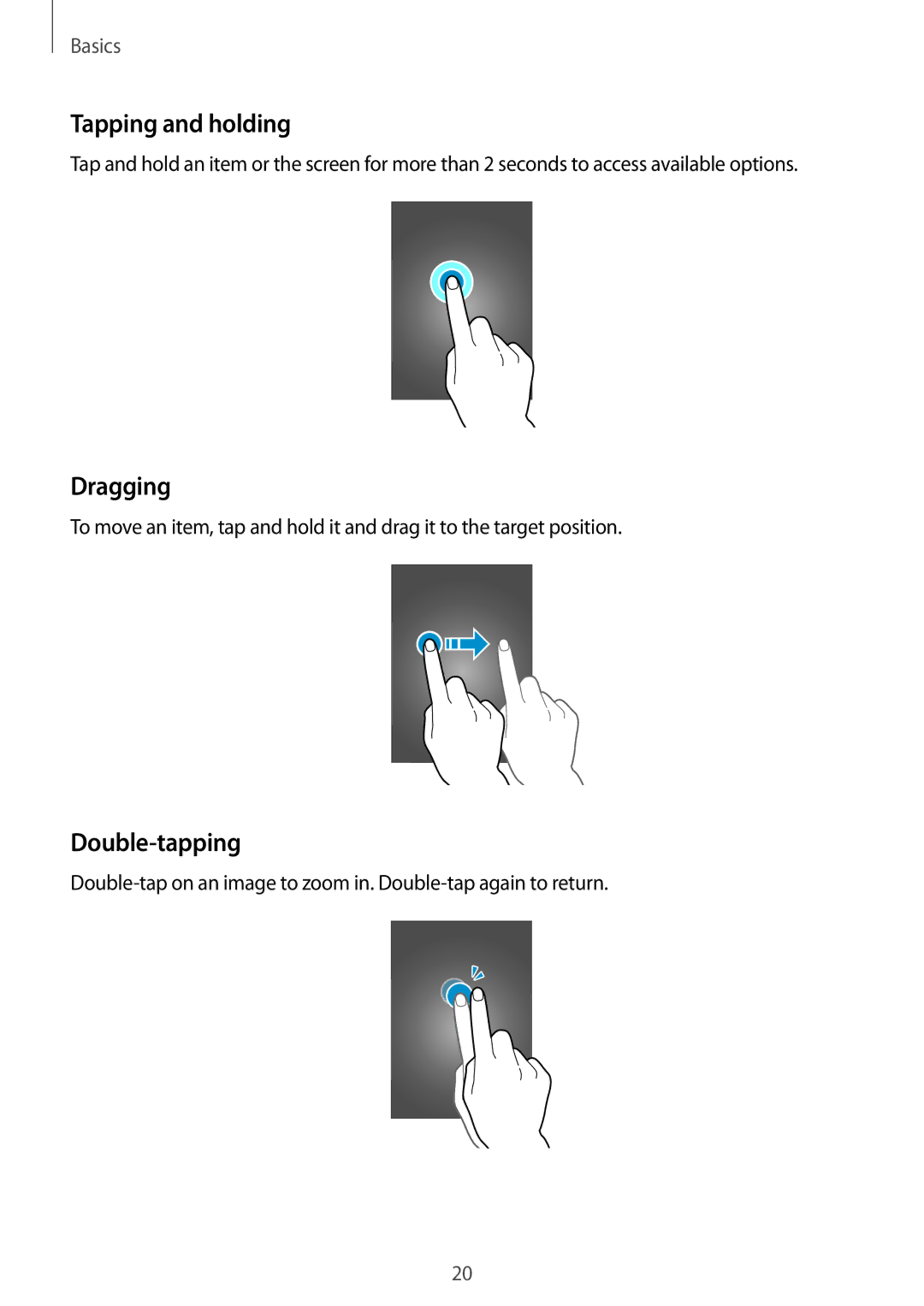 Samsung SM-G110HZKAPAN, SM-G110HZKAXEO, SM-G110HZWADBT, SM-G110HZKADBT manual Tapping and holding, Dragging, Double-tapping 