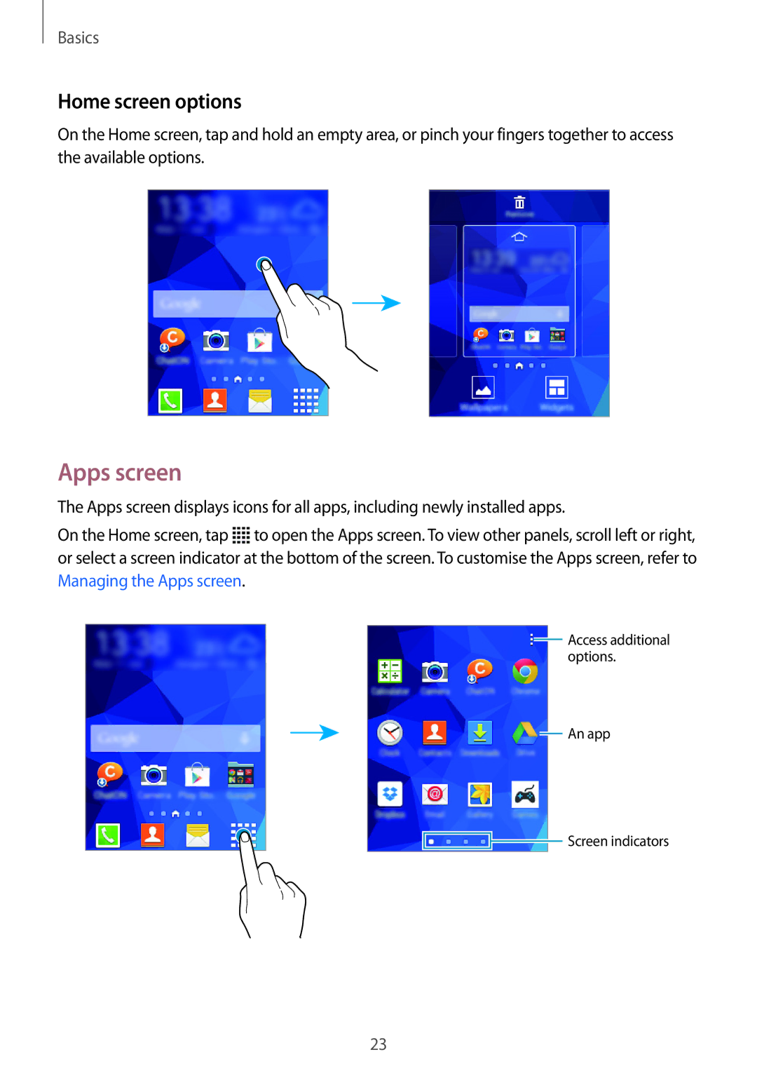 Samsung SM-G110HZWATMH, SM-G110HZKAXEO, SM-G110HZWADBT, SM-G110HZKADBT, SM-G110HZWAXEO manual Apps screen, Home screen options 