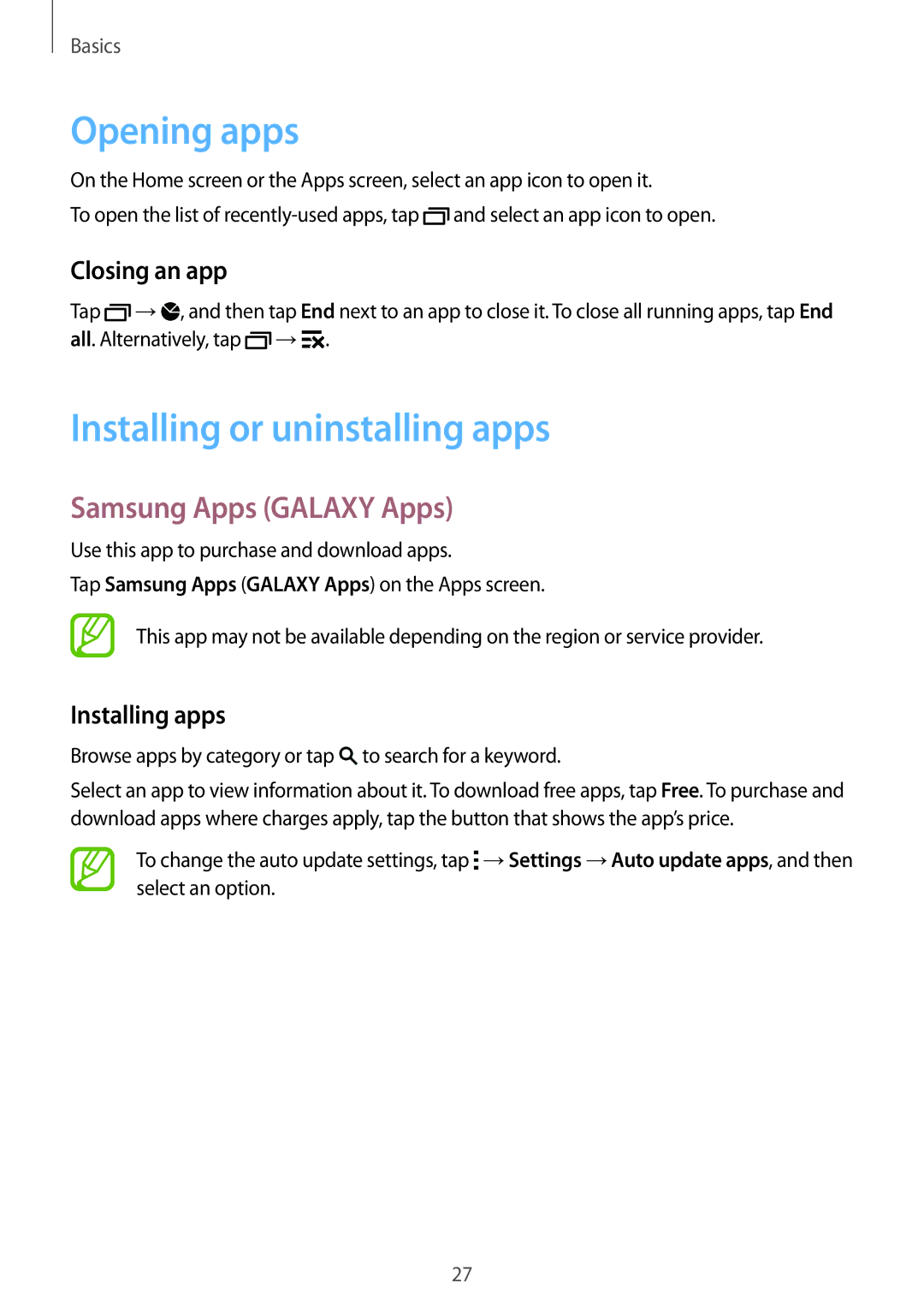 Samsung SM-G110HZKASEB manual Opening apps, Installing or uninstalling apps, Samsung Apps Galaxy Apps, Closing an app 