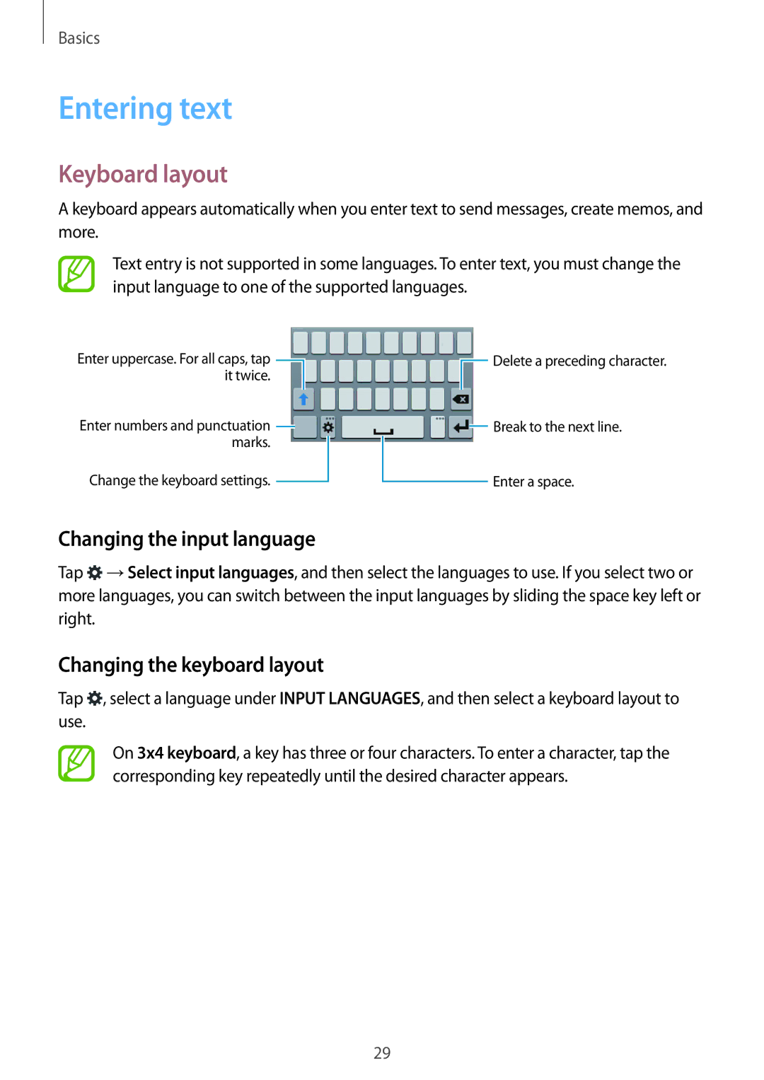 Samsung SM-G110HZWADBT manual Entering text, Keyboard layout, Changing the input language, Changing the keyboard layout 