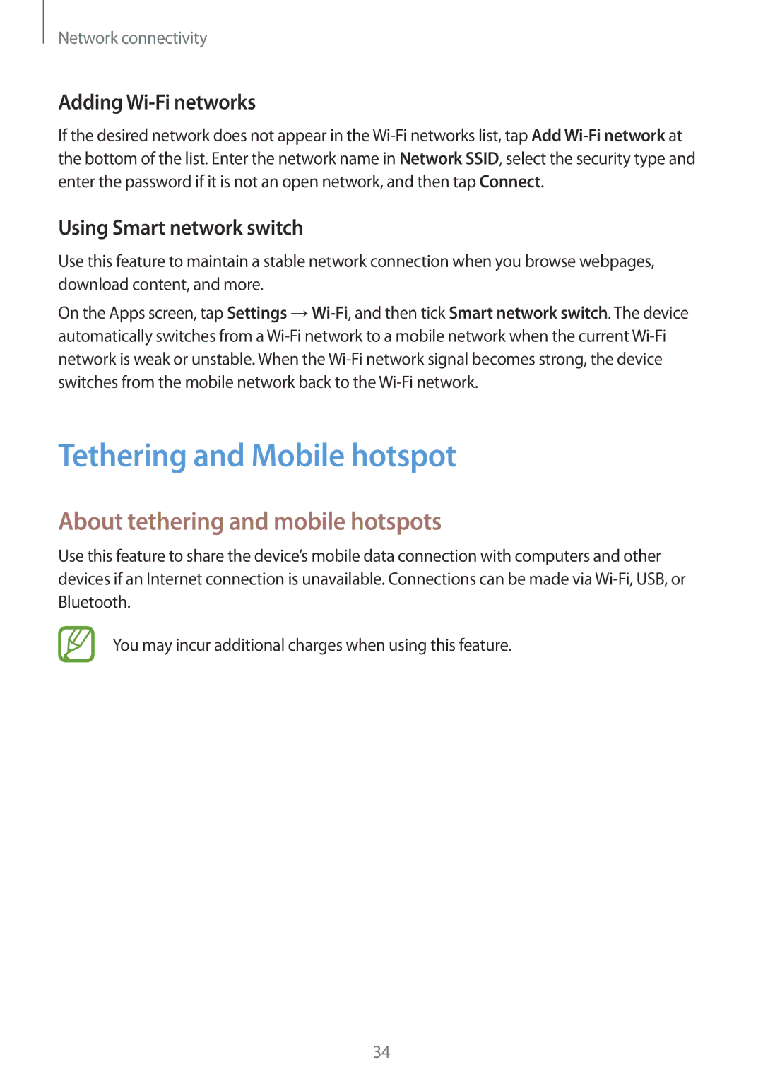 Samsung SM-G110HZWACOS manual Tethering and Mobile hotspot, About tethering and mobile hotspots, Adding Wi-Fi networks 