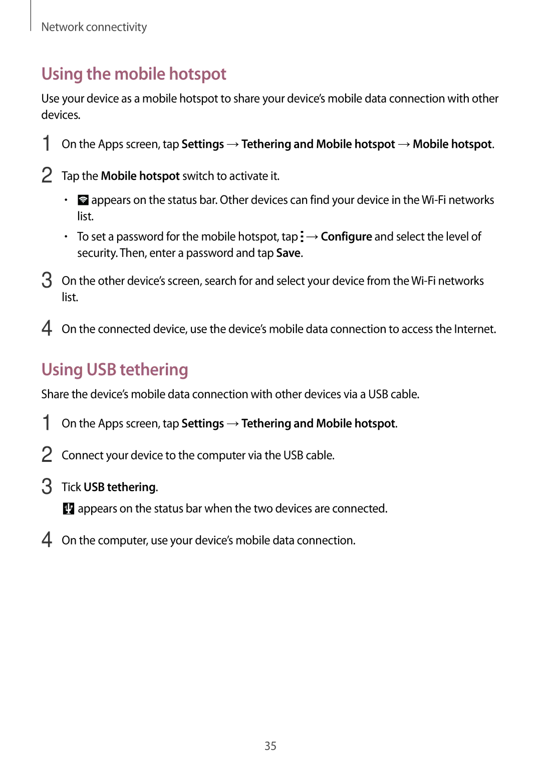 Samsung SM-G110HZKAMEO, SM-G110HZKAXEO, SM-G110HZWADBT Using the mobile hotspot, Using USB tethering, Tick USB tethering 