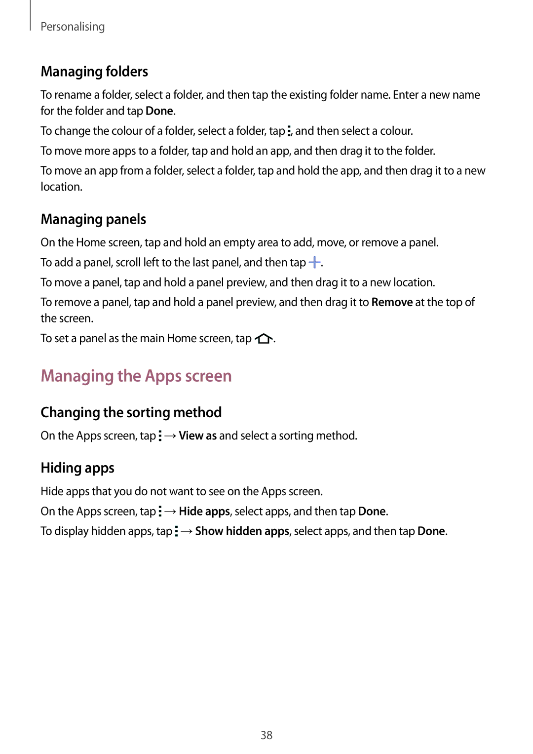 Samsung SM-G110HZKATPH manual Managing the Apps screen, Managing folders, Managing panels, Changing the sorting method 