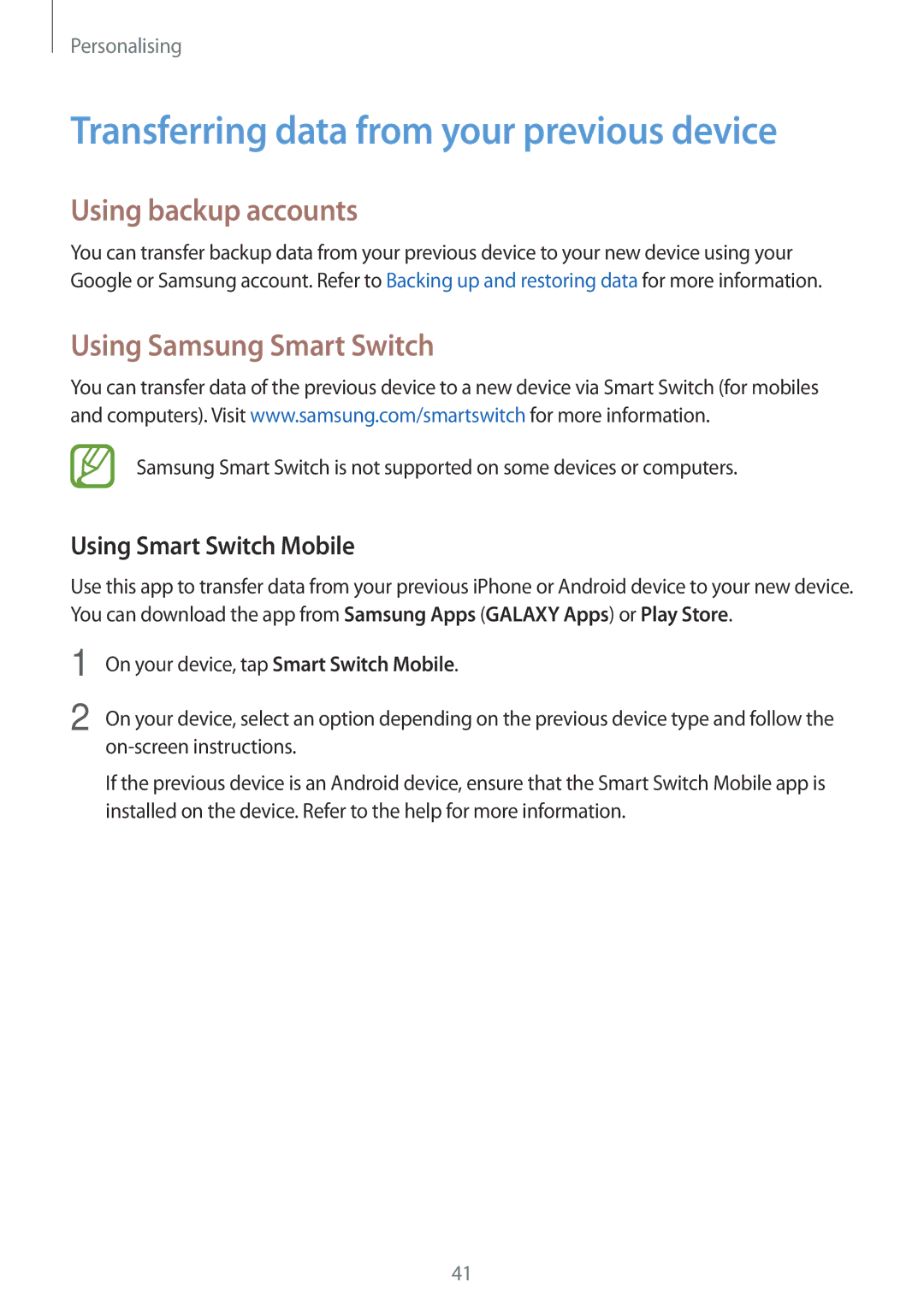 Samsung SM-G110HZKAXEF Transferring data from your previous device, Using backup accounts, Using Samsung Smart Switch 