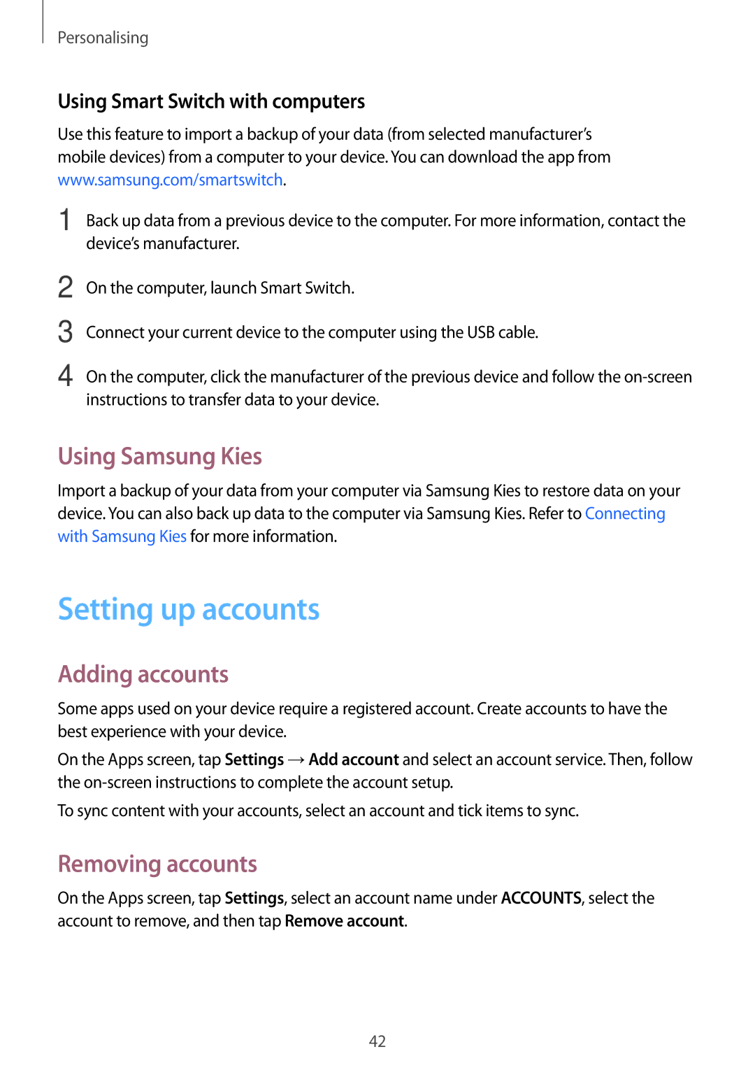 Samsung SM-G110HZKAITV, SM-G110HZKAXEO manual Setting up accounts, Using Samsung Kies, Adding accounts, Removing accounts 