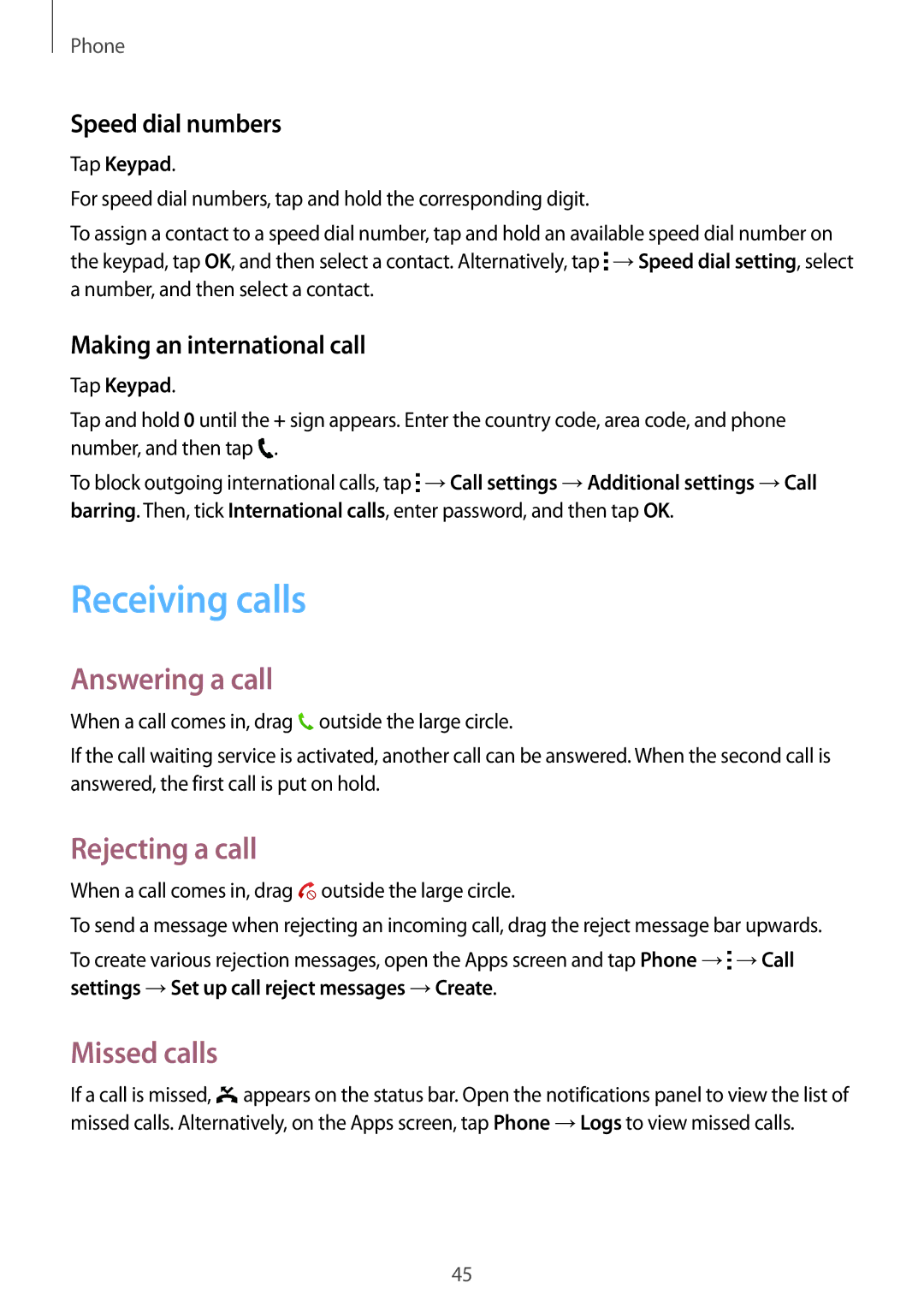 Samsung SM-G110HZWAXEH, SM-G110HZKAXEO, SM-G110HZWADBT Receiving calls, Answering a call, Rejecting a call, Missed calls 