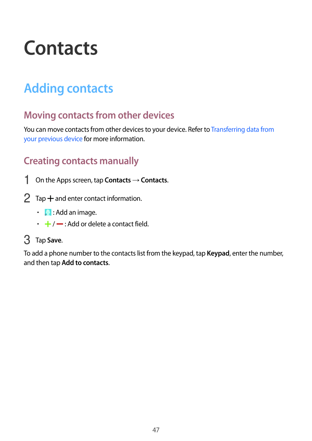 Samsung SM-G110HZKATMH Contacts, Adding contacts, Moving contacts from other devices, Creating contacts manually 