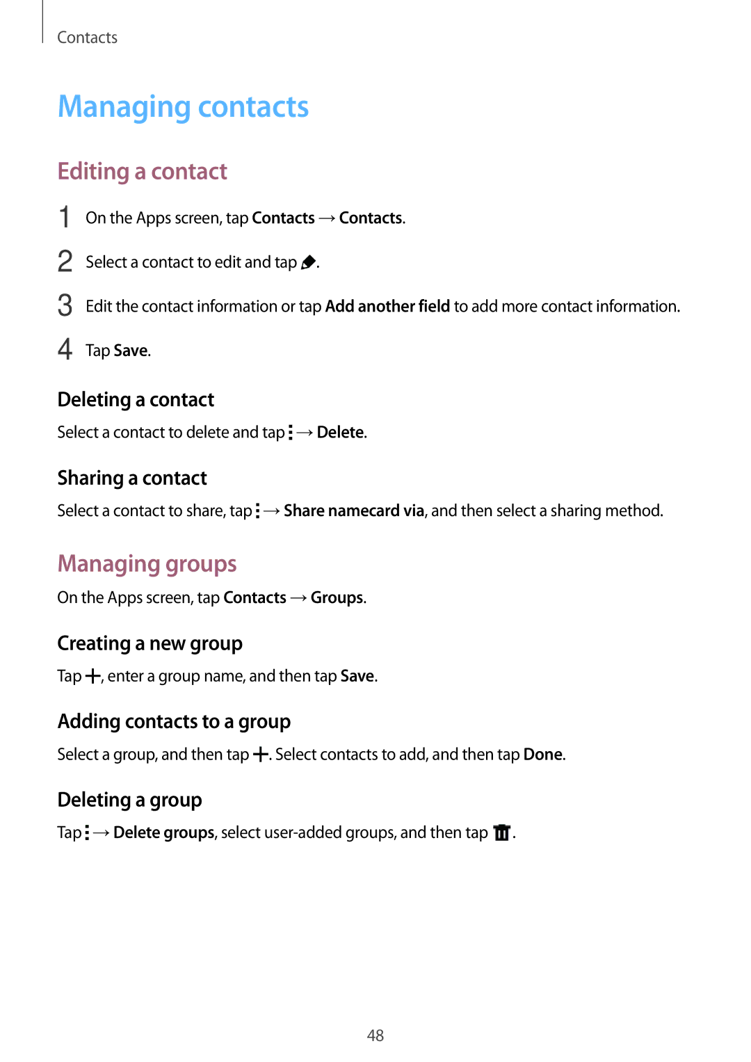 Samsung SM-G110HZKAPAN, SM-G110HZKAXEO, SM-G110HZWADBT, SM-G110HZKADBT Managing contacts, Editing a contact, Managing groups 