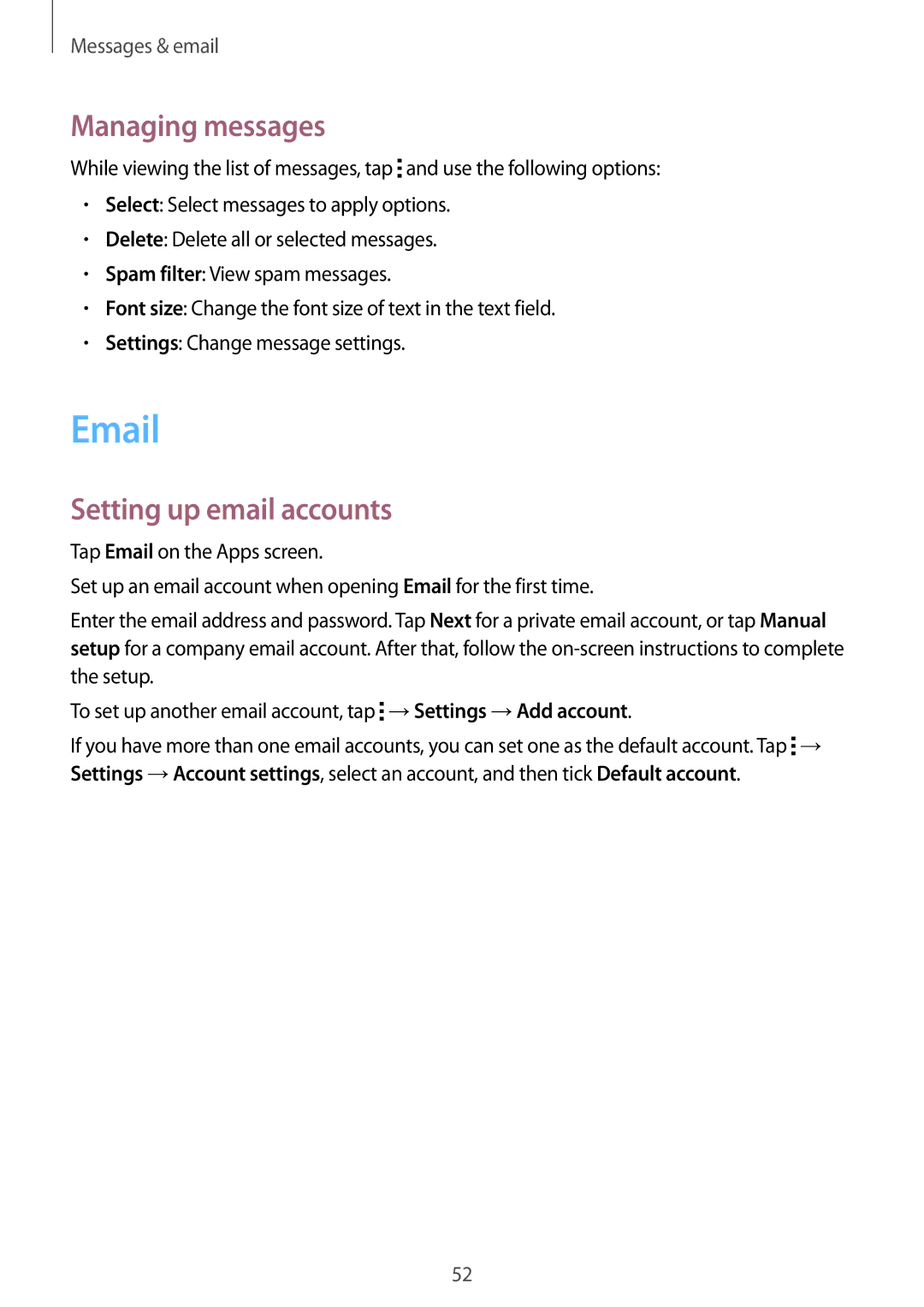 Samsung SM-G110HZKASWR, SM-G110HZKAXEO, SM-G110HZWADBT, SM-G110HZKADBT manual Managing messages, Setting up email accounts 
