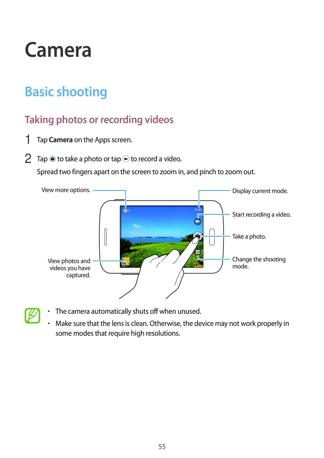 Samsung SM-G110HZKASEB, SM-G110HZKAXEO, SM-G110HZWADBT manual Camera, Basic shooting, Taking photos or recording videos 