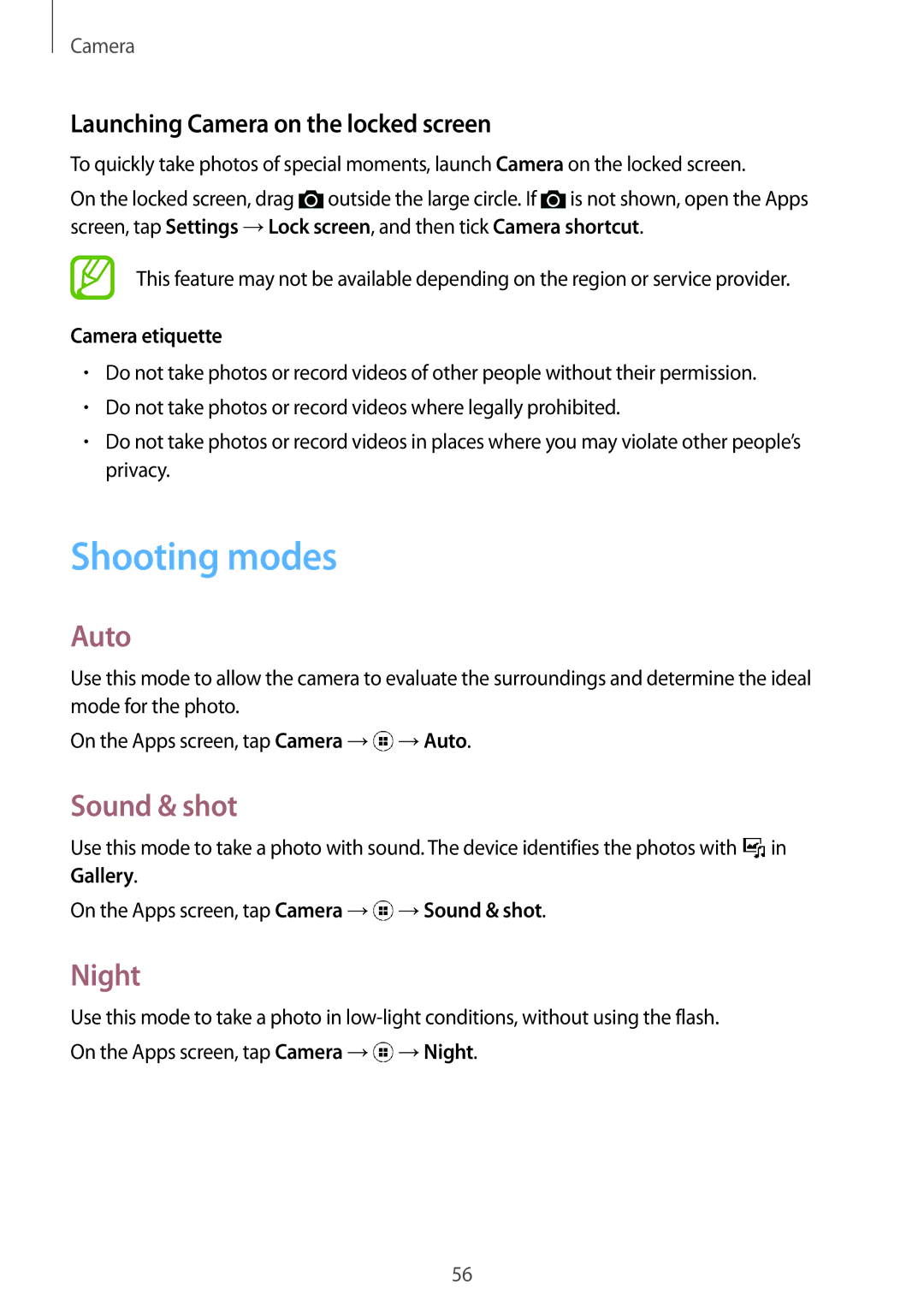 Samsung SM-G110HZKAXEO, SM-G110HZWADBT Shooting modes, Auto, Sound & shot, Night, Launching Camera on the locked screen 