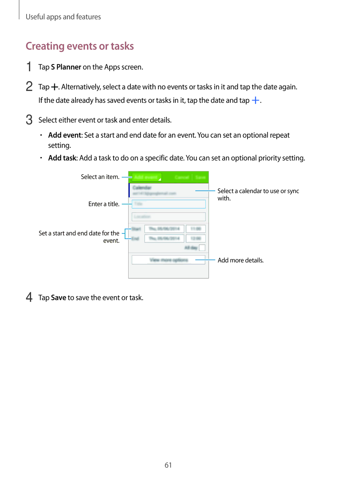 Samsung SM-G110HZWAEUR, SM-G110HZKAXEO, SM-G110HZWADBT, SM-G110HZKADBT, SM-G110HZWAXEO manual Creating events or tasks 