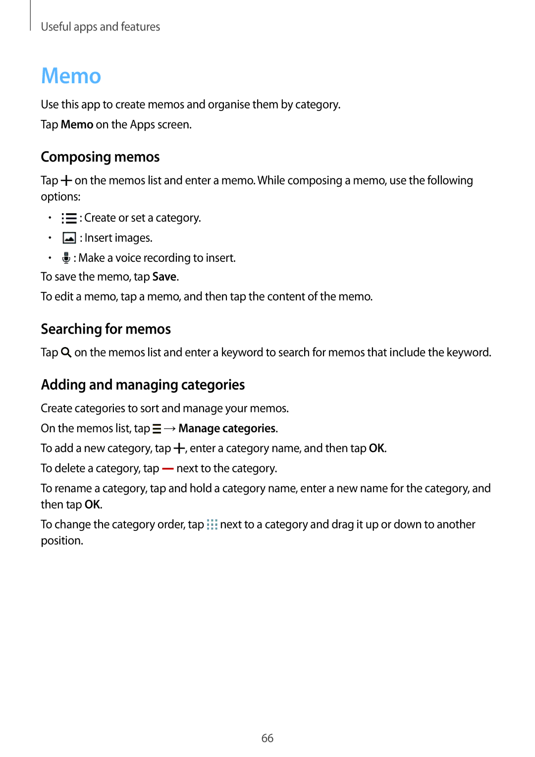 Samsung SM-G110HZKATPH, SM-G110HZKAXEO manual Memo, Composing memos, Searching for memos, Adding and managing categories 