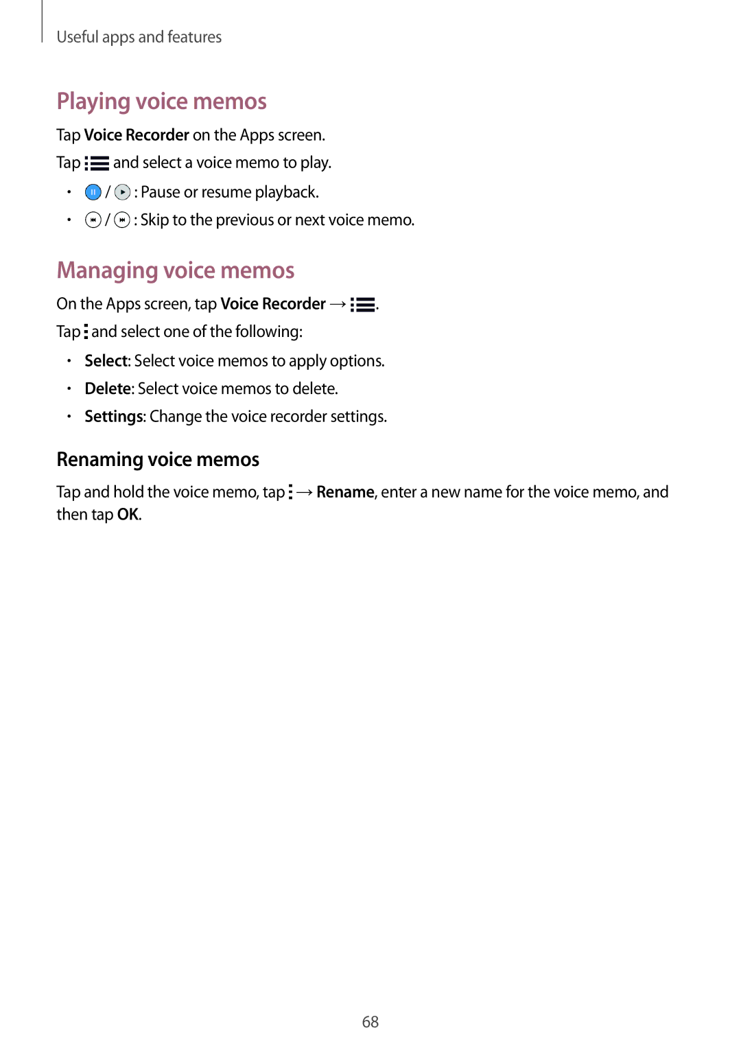 Samsung SM-G110HZWAXEF, SM-G110HZKAXEO, SM-G110HZWADBT manual Playing voice memos, Managing voice memos, Renaming voice memos 