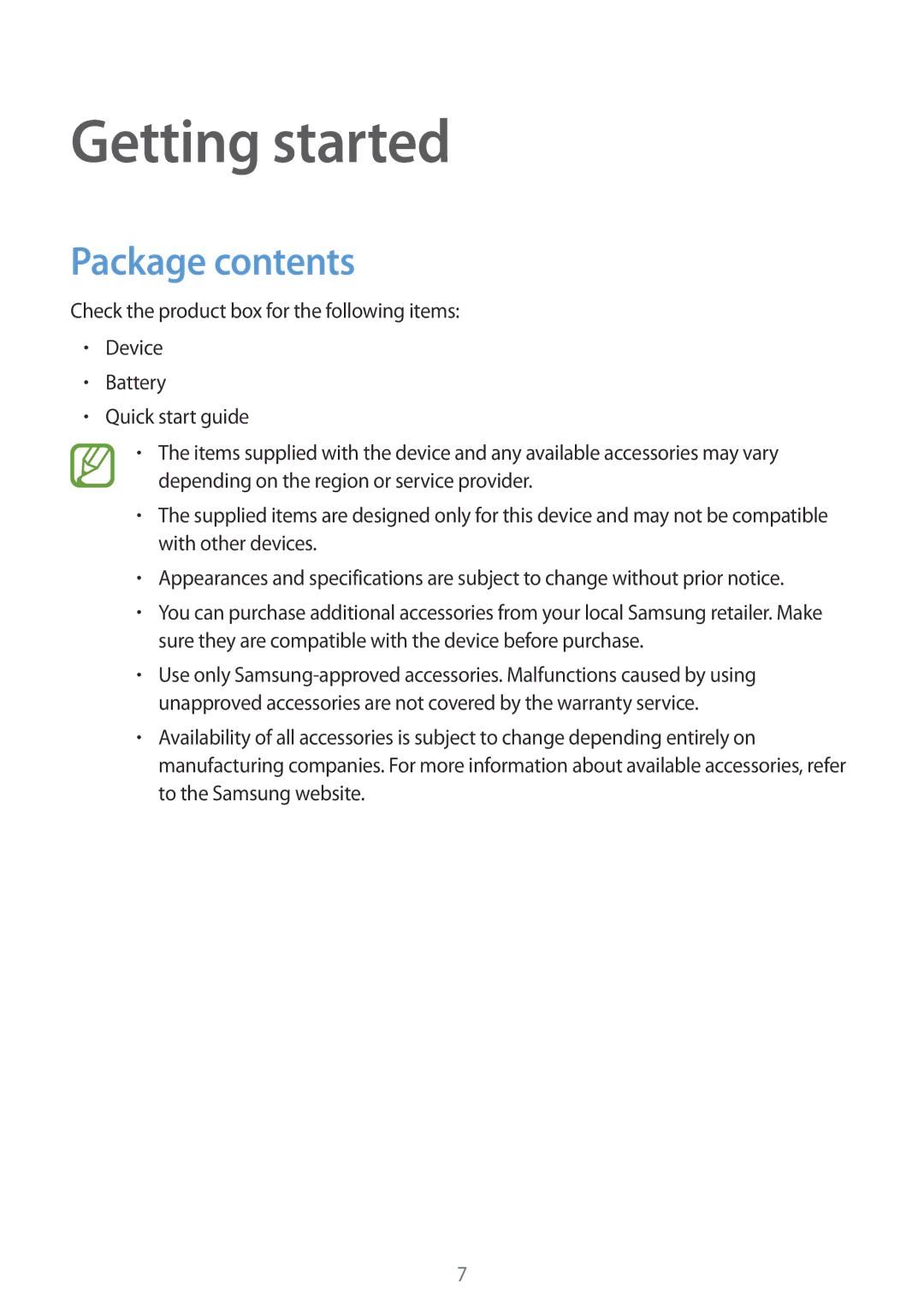 Samsung SM-G110HZKAMEO, SM-G110HZKAXEO, SM-G110HZWADBT, SM-G110HZKADBT, SM-G110HZWAXEO manual Getting started, Package contents 