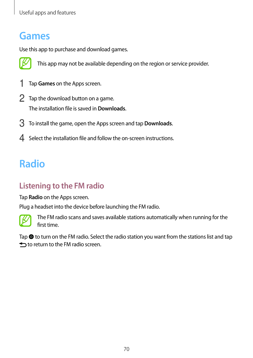 Samsung SM-G110HZKAITV, SM-G110HZKAXEO, SM-G110HZWADBT, SM-G110HZKADBT manual Games, Radio, Listening to the FM radio 