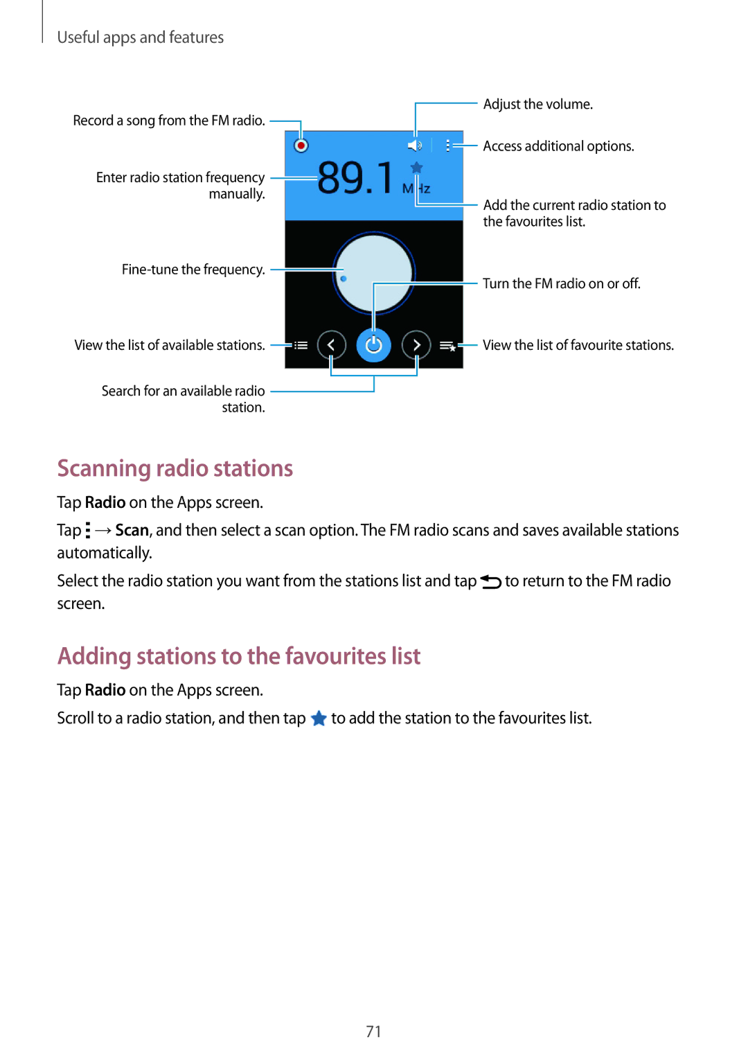 Samsung SM-G110HZWAITV, SM-G110HZKAXEO, SM-G110HZWADBT manual Scanning radio stations, Adding stations to the favourites list 