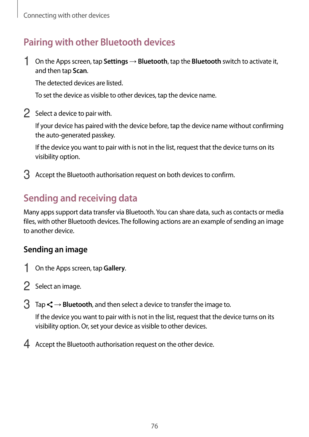 Samsung SM-G110HZKAPAN, SM-G110HZKAXEO Pairing with other Bluetooth devices, Sending and receiving data, Sending an image 