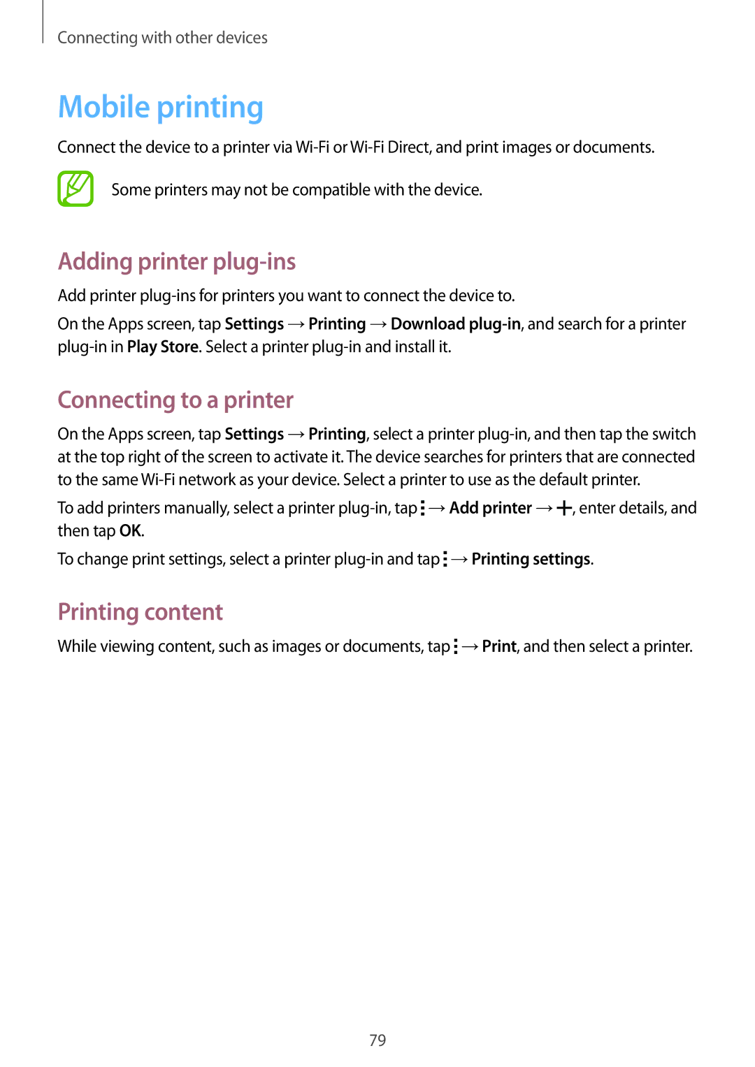 Samsung SM-G110HZWATMH, SM-G110HZKAXEO Mobile printing, Adding printer plug-ins, Connecting to a printer, Printing content 