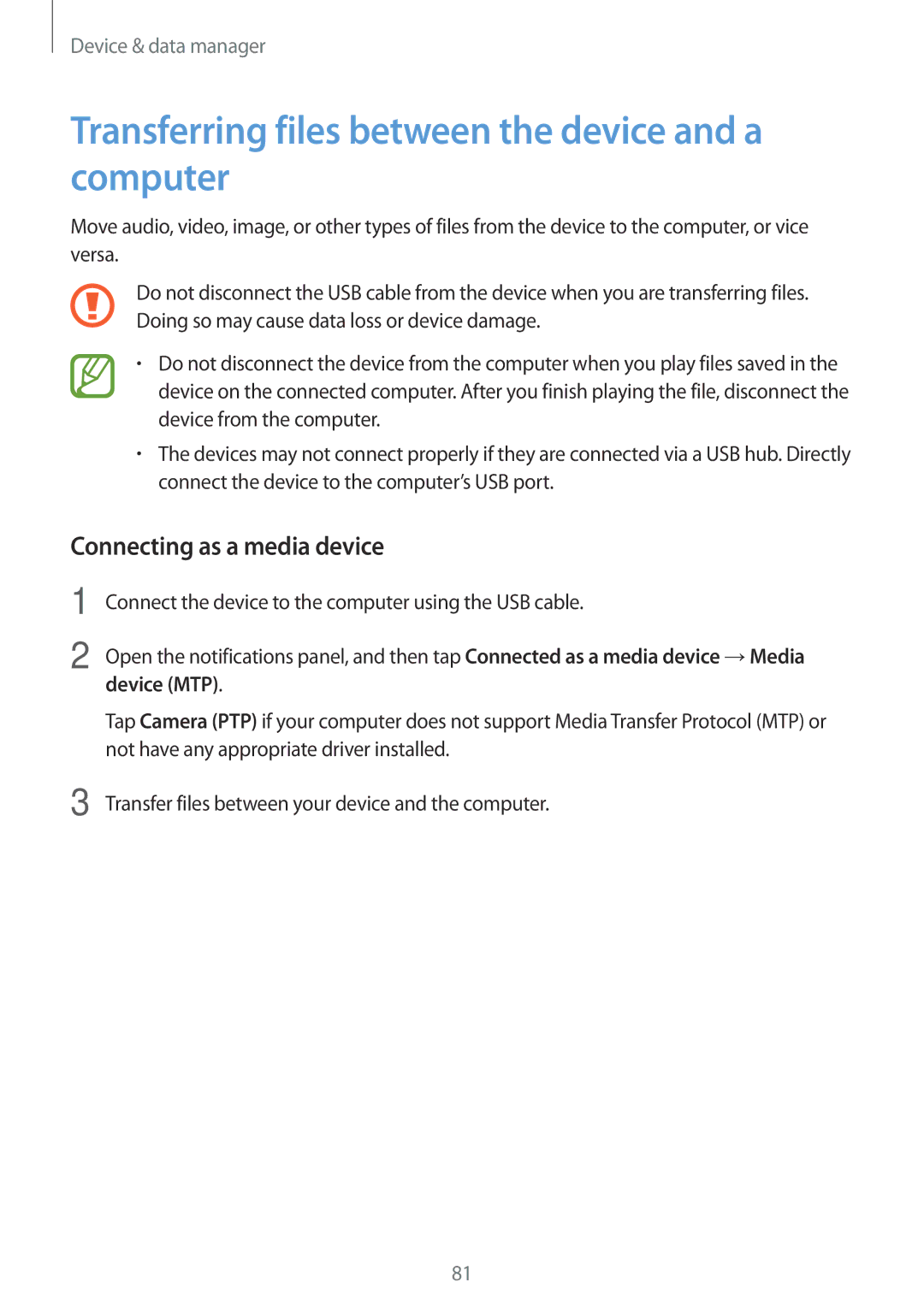 Samsung SM-G110HZKAVDH Transferring files between the device and a computer, Connecting as a media device, Device MTP 