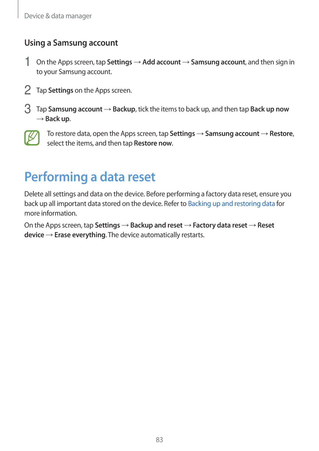 Samsung SM-G110HZKASEB, SM-G110HZKAXEO, SM-G110HZWADBT manual Performing a data reset, Using a Samsung account, → Back up 