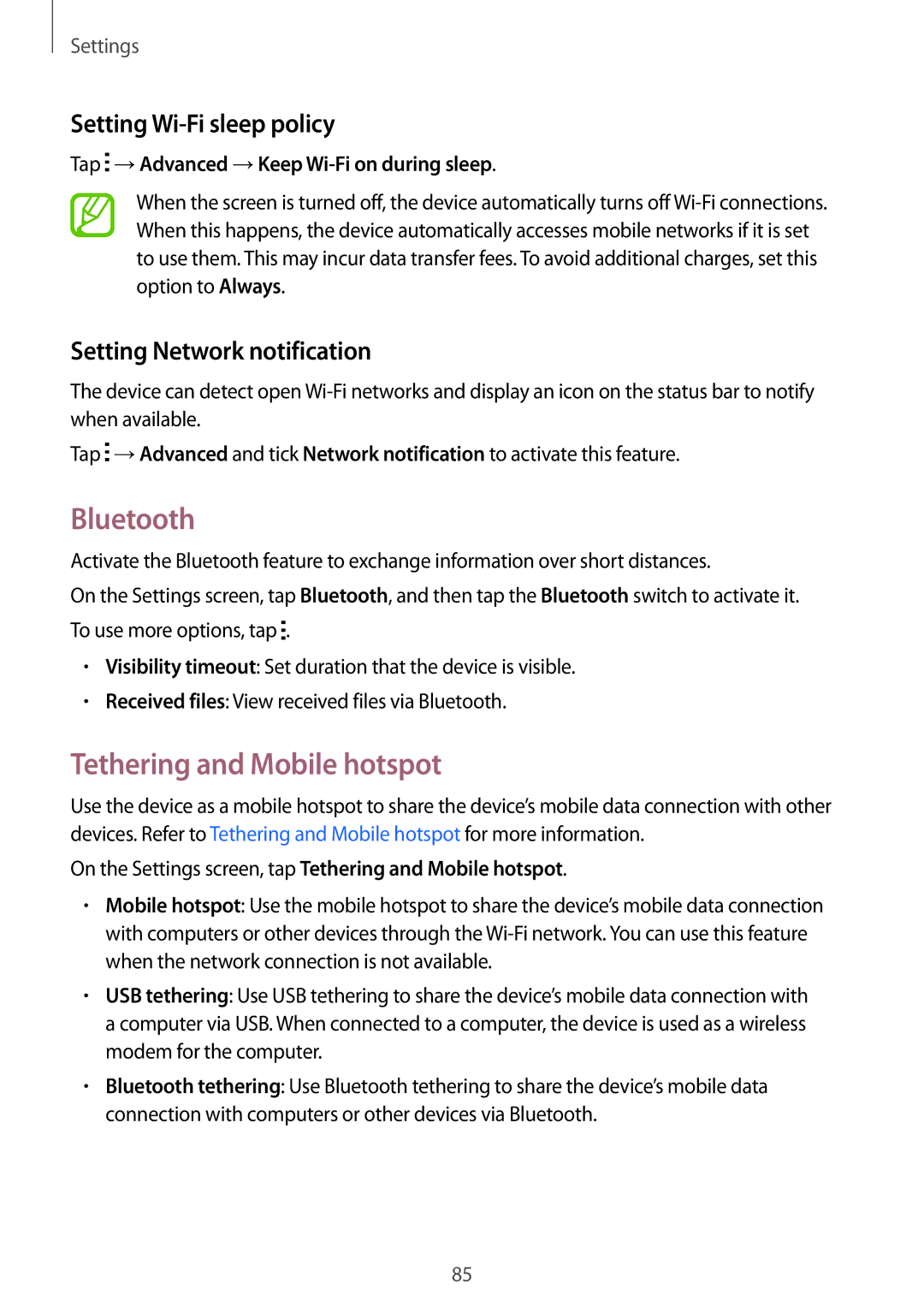 Samsung SM-G110HZWADBT Bluetooth, Tethering and Mobile hotspot, Setting Wi-Fi sleep policy, Setting Network notification 